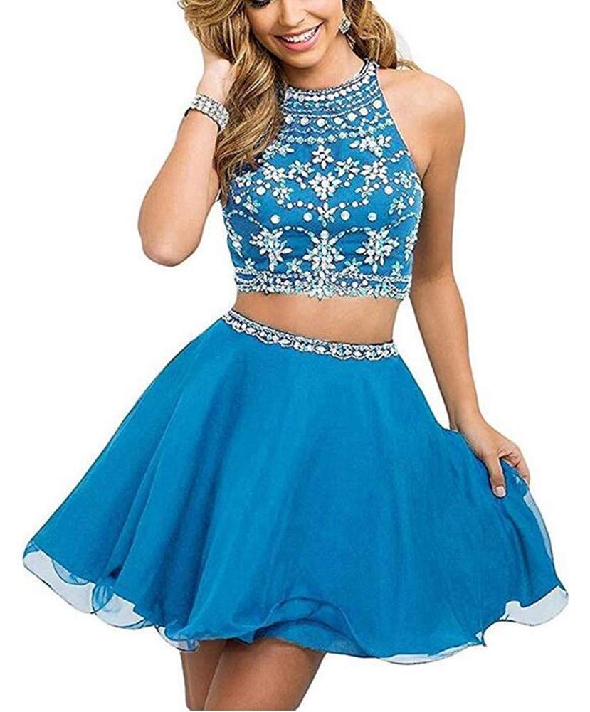 Emanni Women's Two-Piece Crystal Beaded Halter Homecoming Dress - Elegant Party Gown for Prom, Evening Gala & Special Occasions