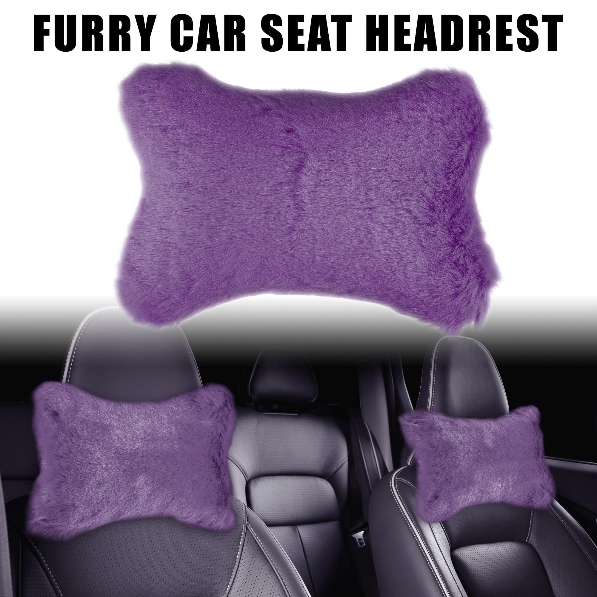 X AUTOHAUX 1 Pair Soft Fluffy Furry Car Seat Neck Pillows - Warm Headrest Support for Comfort & Relaxation - Car Decor Accessories (Purple) - Perfect for Long Drives, Road Trips & Commuting