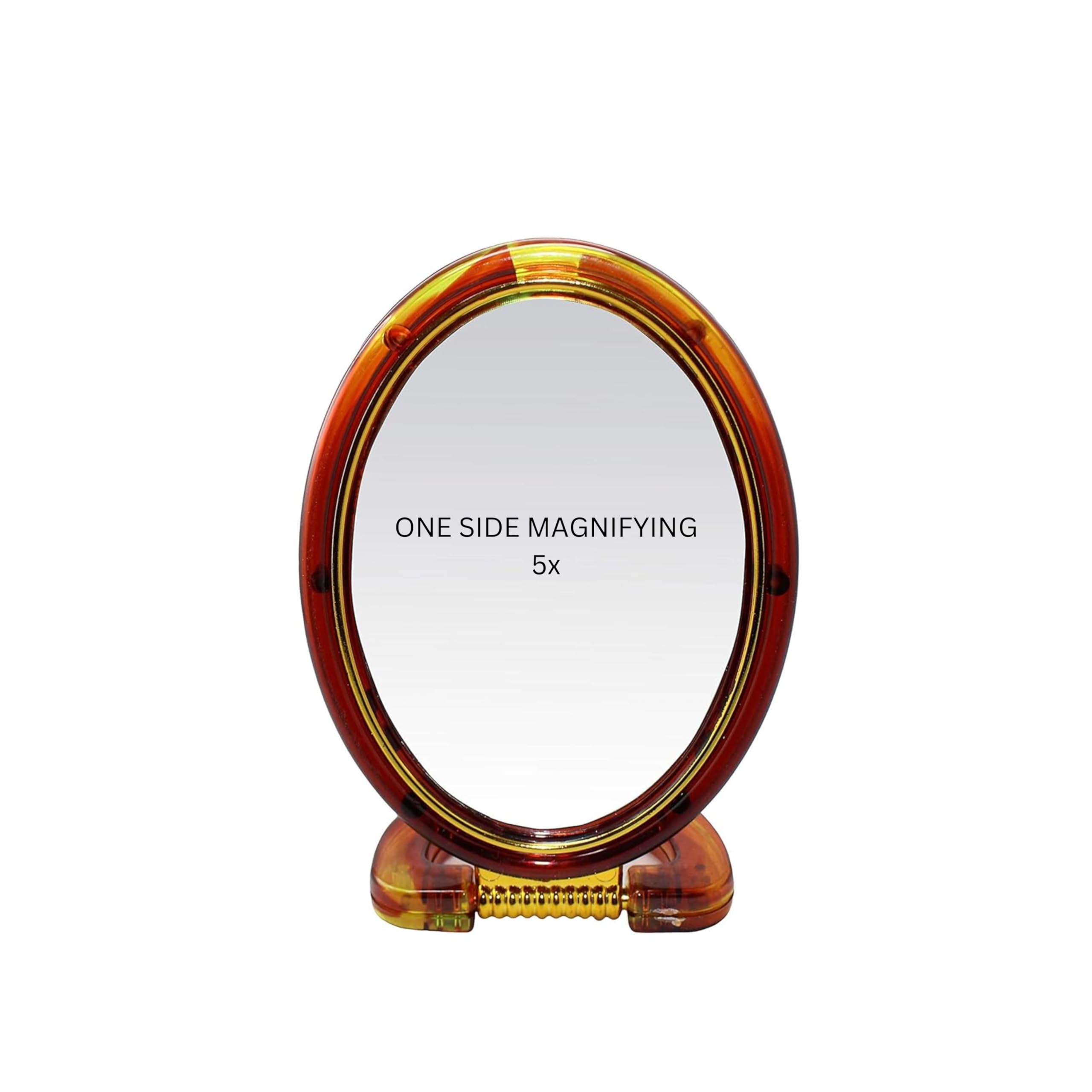 5X Magnifying Cosmetic Mirror with Foldable Base - Dual-Sided Vanity Mirror (1X Regular & 5X Magnified) - 14.5x11cm Oval Brown Makeup Mirror for Precise Eyebrow Tweezing, Eyelash & Ear Lobe Accessories Application