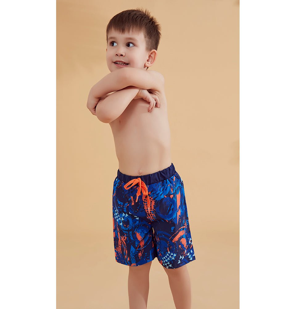 Boys' Modest Swim Shorts MB2362 - Geometric Blue & Orange Quick-Dry Swim Trunks for Beach, Pool & Summer Activities