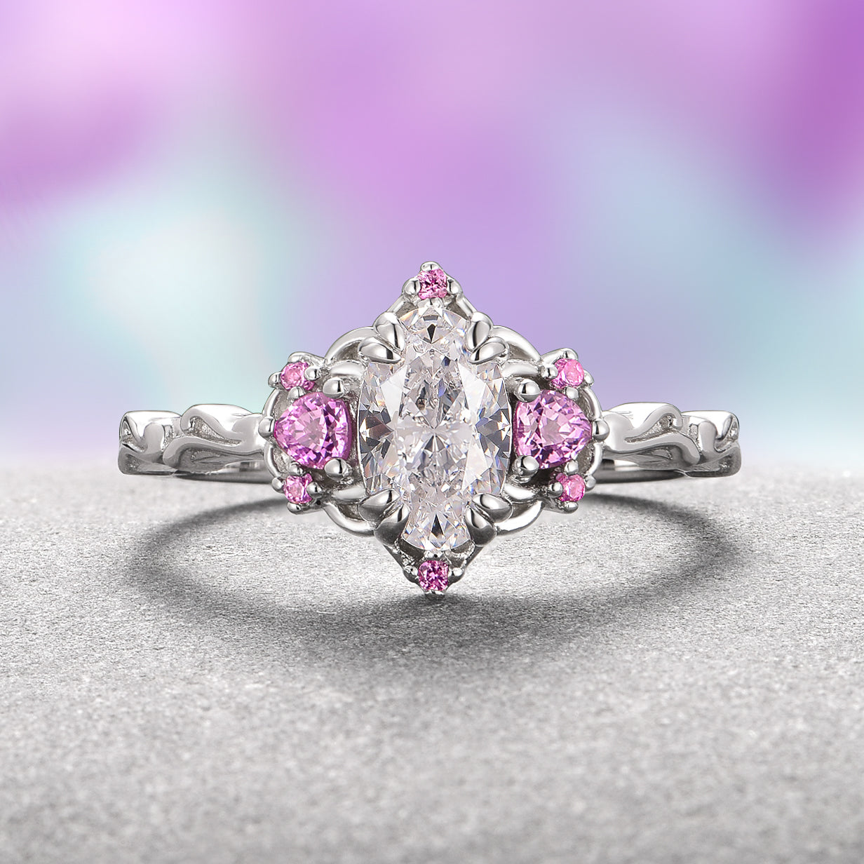 IGI Certified 14K White Gold Lab Grown Diamond & Pink Sapphire Ring for Women | Elegant Engagement, Anniversary & Wedding Jewelry Gift
