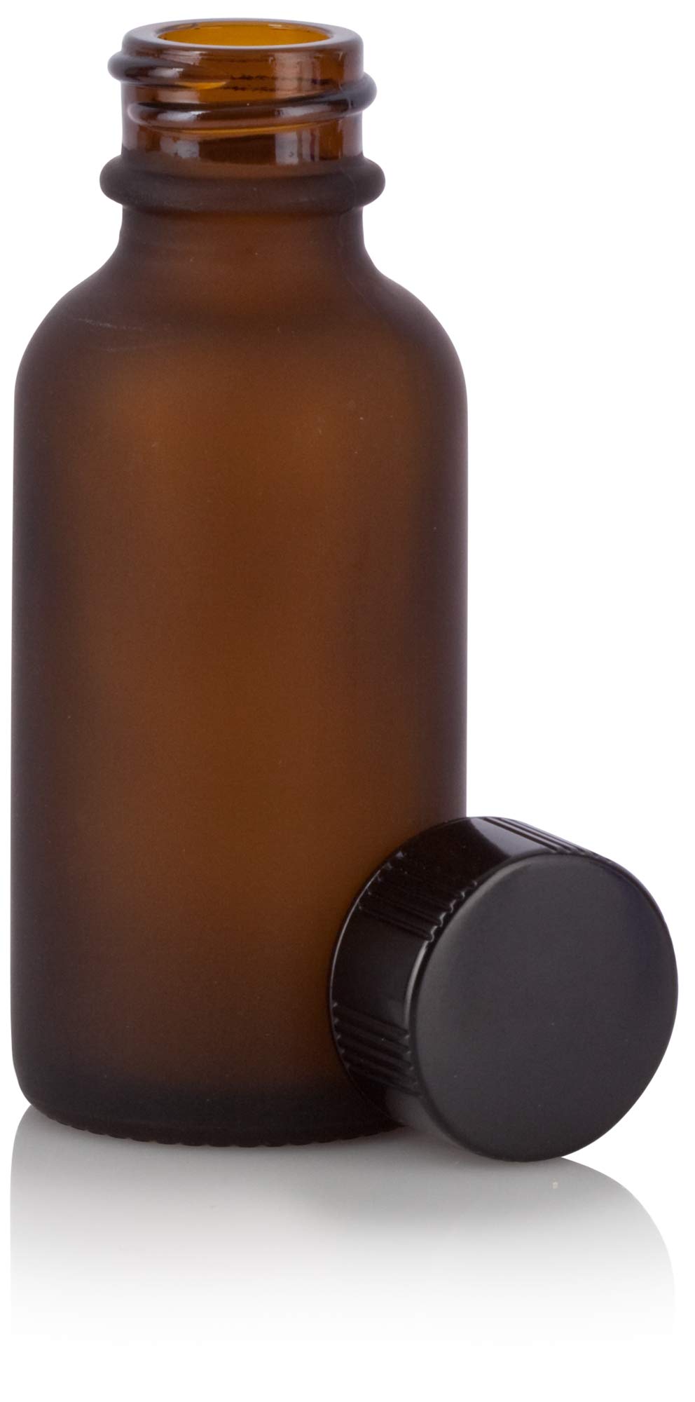 JUVITUS 12 Pack 1 oz Frosted Amber Glass Boston Round Bottles with Airtight Phenolic Cap - Essential Oil Storage, DIY Beauty, Travel Containers - Includes Free Funnel for Easy Filling
