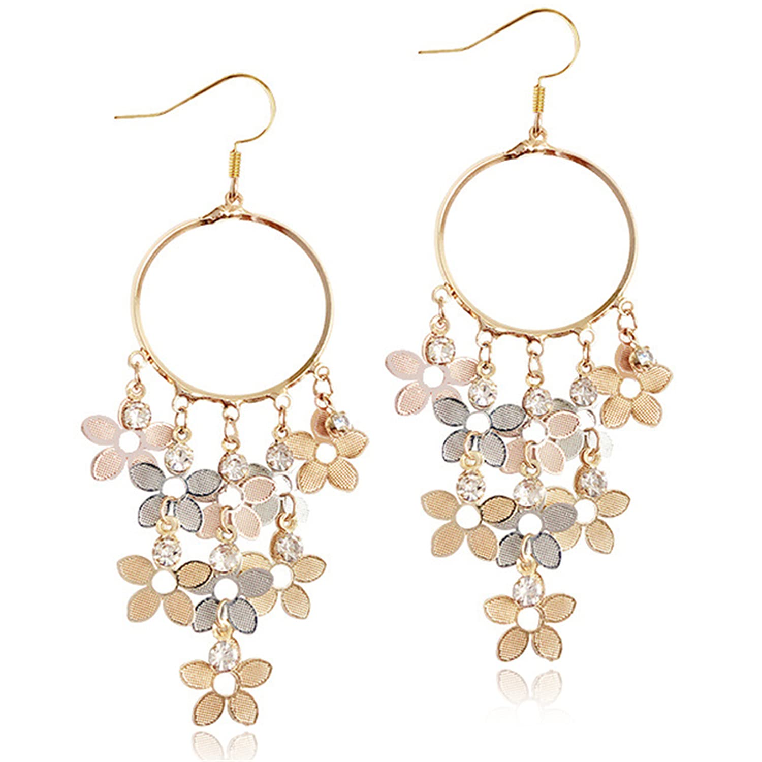 Lightweight Bohemian Long Colorful Chandelier Tassel Flower Dangle Drop Earrings for Women & Girls - Exquisite Big Hoop Fairy Floral Stud Earrings - Perfect for Parties, Weddings & Boho Fashion Accessories