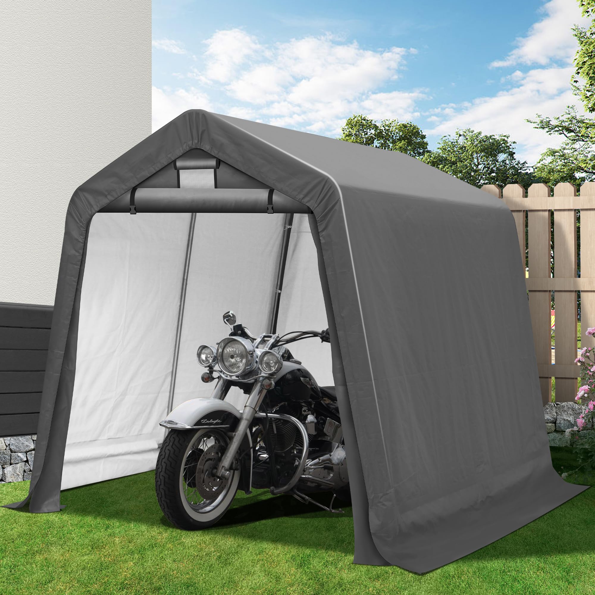 8x8ft Heavy Duty Outdoor Storage Shed Shelter - Portable Garage with Roll-Up Zipper Door & Vent Window - Weatherproof Carport Tent for Bike, Motorcycle, Lawn Equipment - Perfect for Backyard, Patio & Driveway Storage
