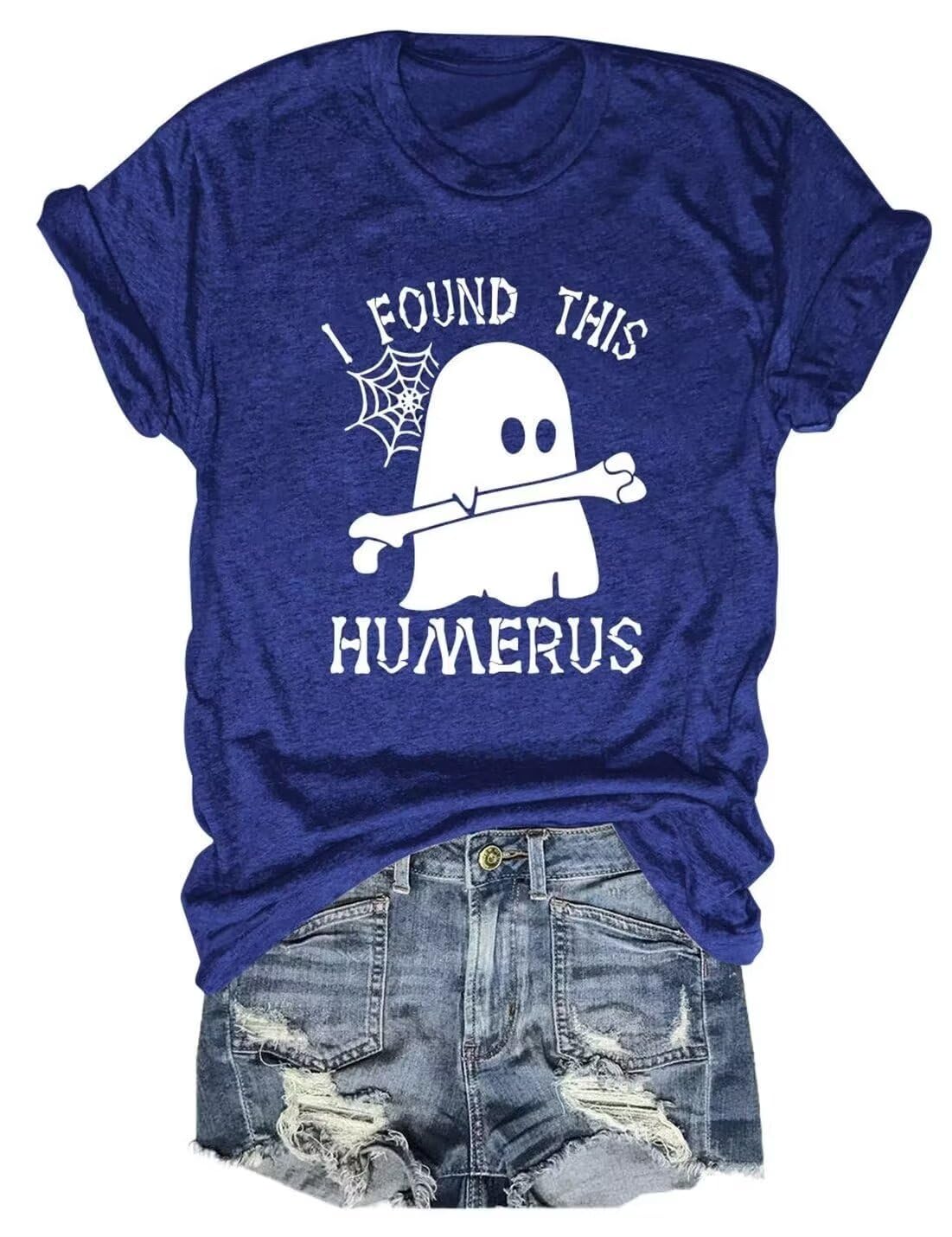 Funny Women's Halloween T-Shirt - Humorous Humerus Bone Design with Ghost Boo Print - Comfortable Crew Neck Top for Costume Parties & Spooky Events