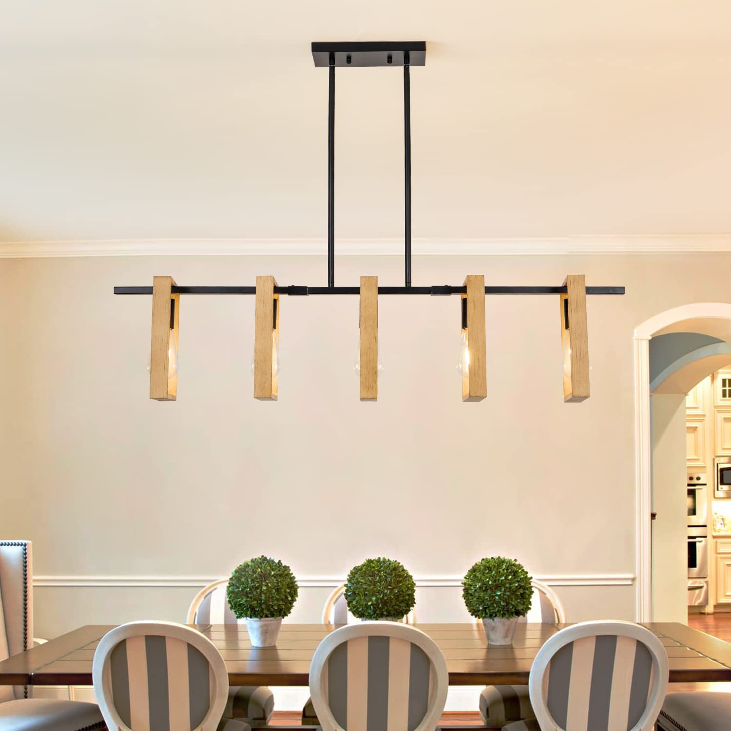Farmhouse Chandelier - 5-Light Wood and Black Rustic Pendant Lighting for Dining Room & Kitchen Island (41.3