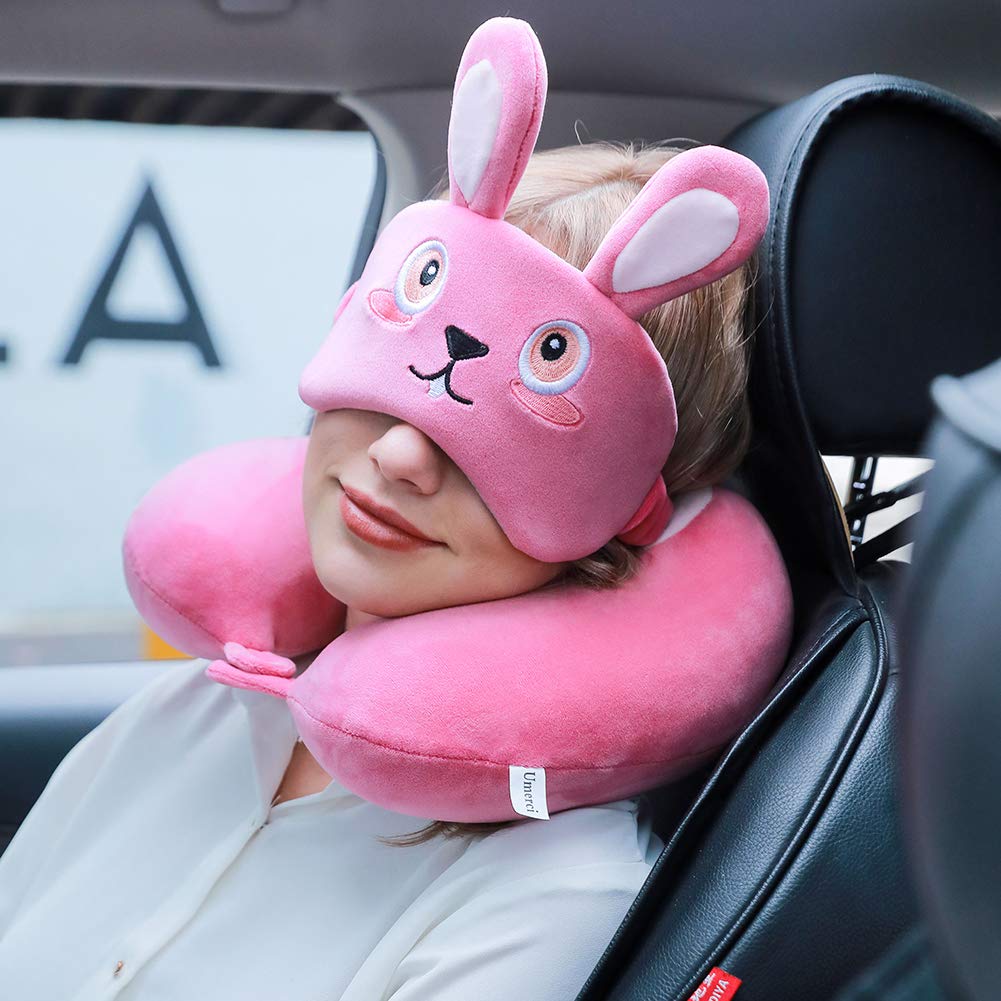 Memory Foam Travel Neck Pillow with 360° Head Support - Comfortable Airplane Sleeping Pillow for Long Flights, Road Trips & Home Use - Includes Storage Bag (Bunny Design) - Perfect for Travelers, Commuters & Office Naps