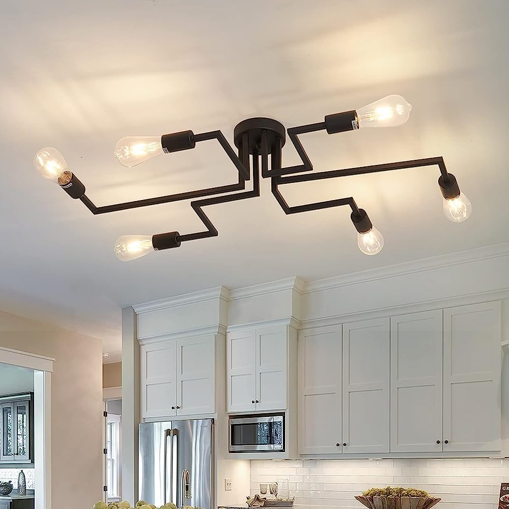 ZGLAOJT 6-Light Vintage Semi Flush Mount Ceiling Fixture - Black Farmhouse Chandelier for Dining Room, Living Room, Kitchen | Perfect for Rustic, Industrial & Modern Home Decor