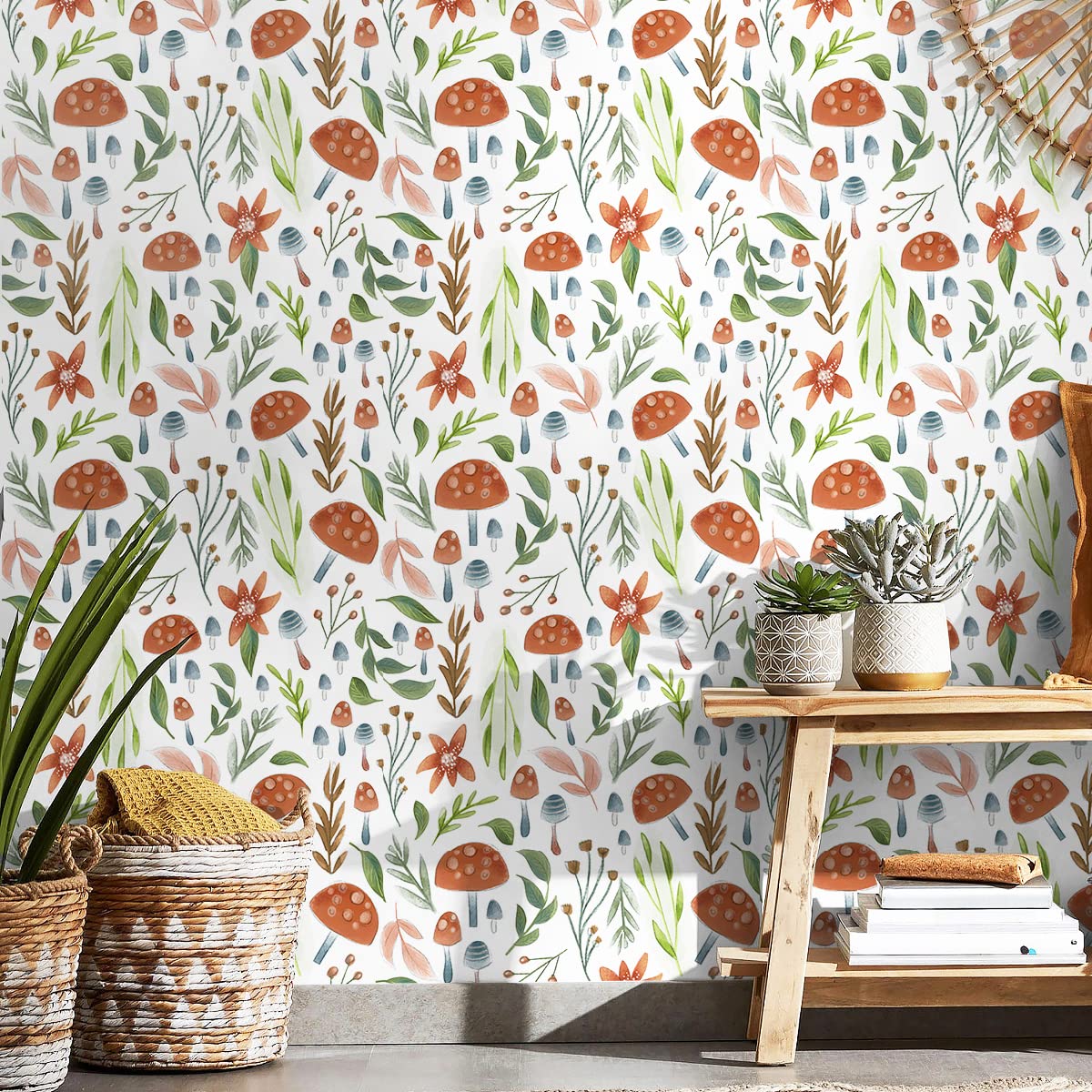 Boho Mushroom Peel and Stick Wallpaper - Removable Self-Adhesive Wallpaper for Bathroom, Bedroom, Kitchen & Nursery - Floral Contact Paper for Cabinets, Accent Walls & Home Decor - 17.7