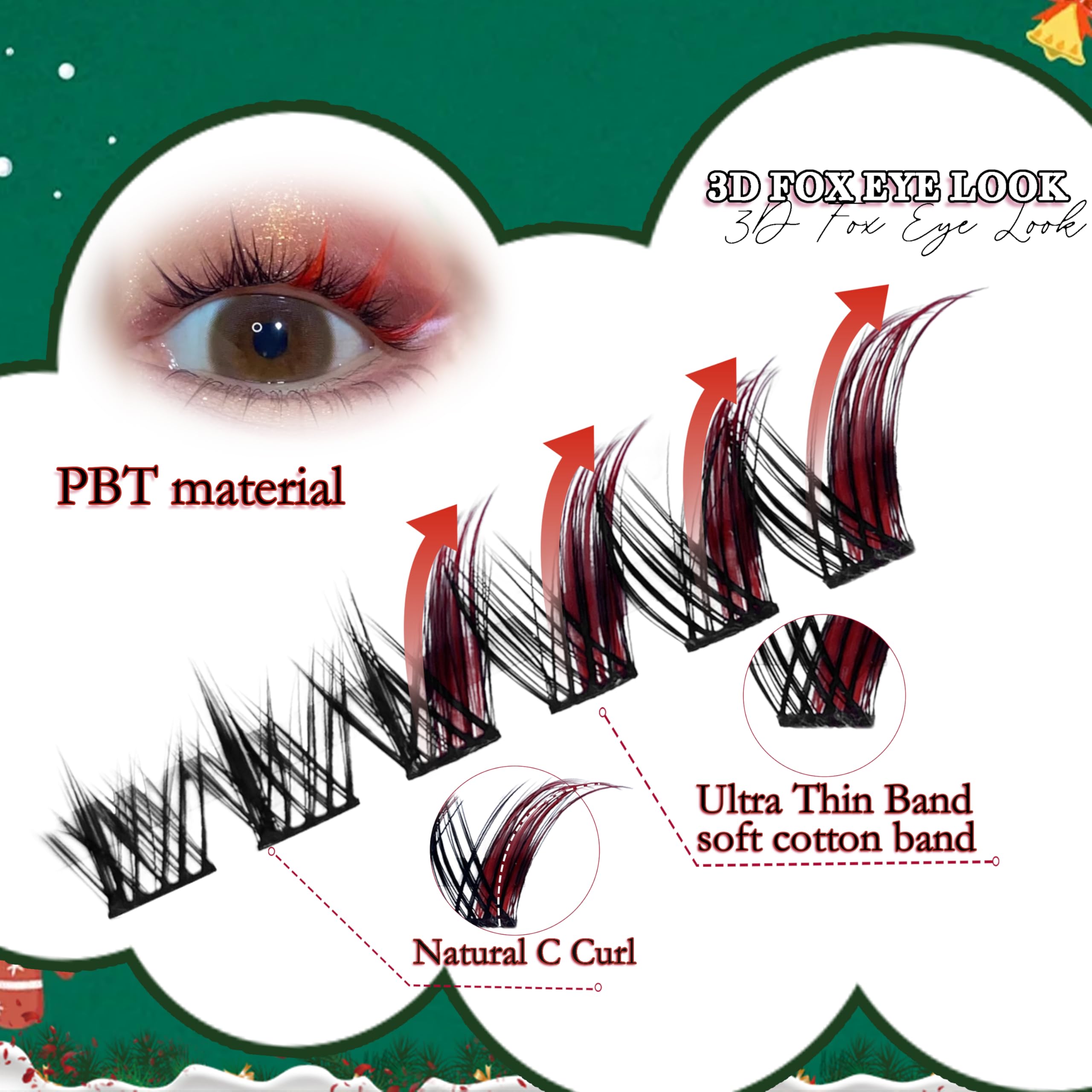 Black & Red Fox Eye Lashes - 96 PCS Fluffy Lash Clusters, C Curl Individual Eyelash Extensions for DIY Cat Eye & Manga Look | Left & Right Clusters, Colored Lashes for Christmas & Party Makeup | Perfect for Cosplay, Halloween, and Special Occasions
