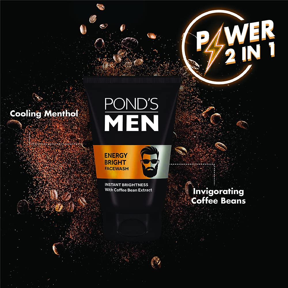 Pond's Men Energy Bright Anti-Dullness Face Wash with Coffee Bean - 50g | Deep Cleansing & Brightening Facial Cleanser for Men | Perfect for Morning Routine & Post-Workout Refreshment