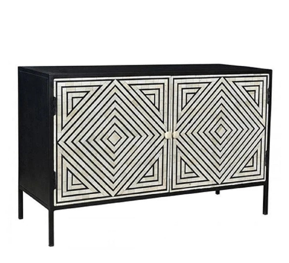 Handmade Bone Inlay Sideboard Buffet Cabinet with Two Doors - Vintage Boho Style Storage for Dining Room, Living Room & Entryway