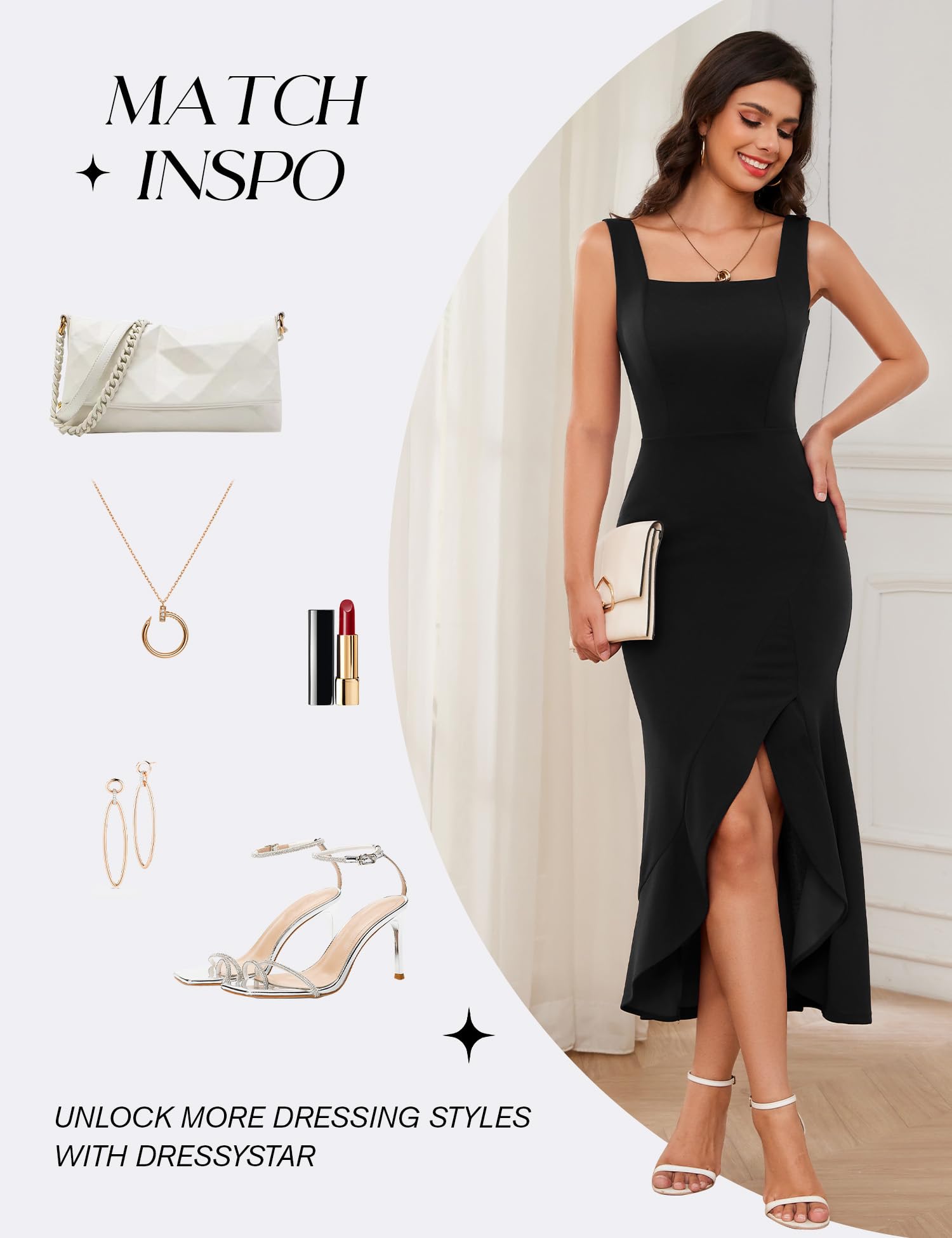 Elegant Square Neck Bodycon Dress for Women - Sleeveless Ruffled Cocktail Dress with Slit, Perfect for Wedding Guest, Evening Party, Prom & Formal Events