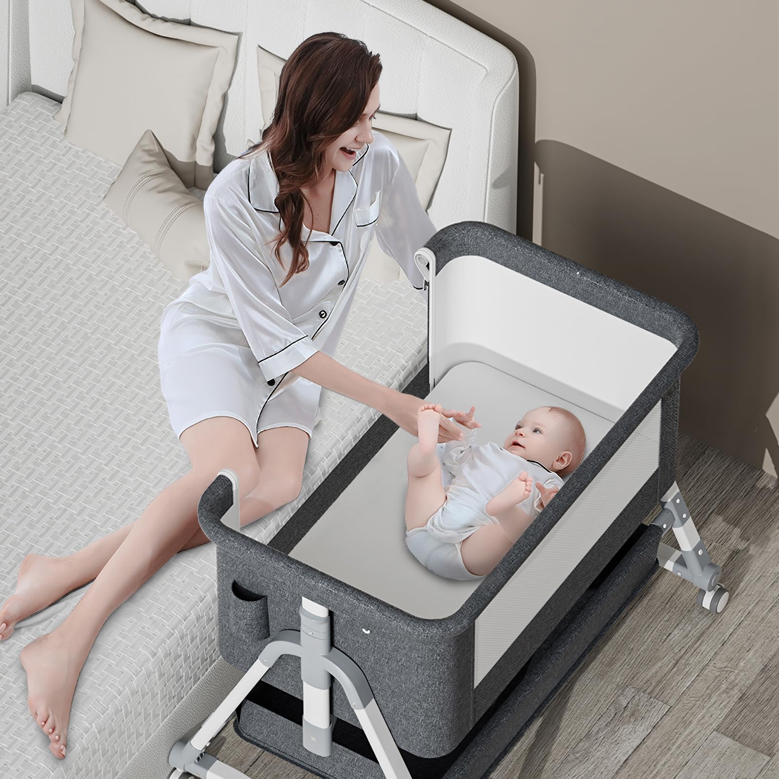 Jaoul 4-in-1 Adjustable Baby Bassinet & Bedside Sleeper - Portable Folding Crib with Comfort Mattress, Mosquito Net & Storage - Gray | Perfect for Newborns, Nursery, Co-Sleeping & Travel