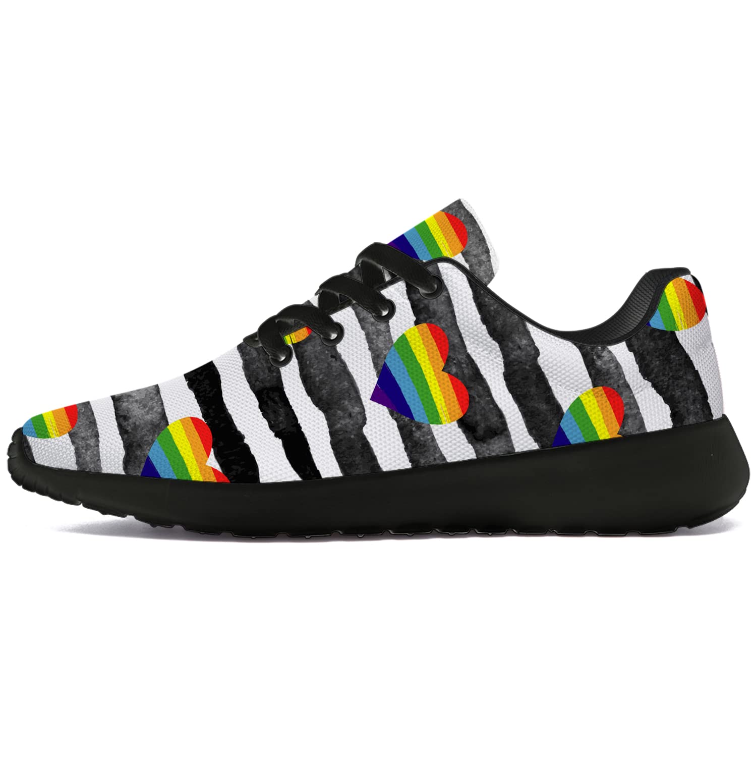 LGBTQ Pride Running Shoes for Women & Men - Rainbow Heart Design Walking Tennis Sneakers in Black & White Stripes - Size 7 Men/8.5 Women - Perfect for Pride Parades, Gym Workouts & Casual Wear