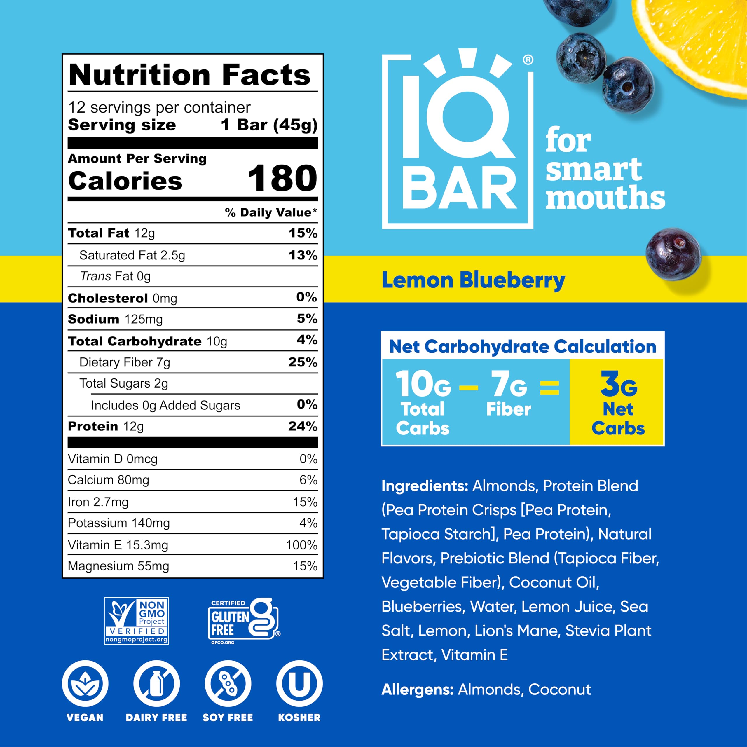 IQBAR Brain and Body Plant Protein Bars - Lemon Blueberry (36 Count) | Low Carb, Gluten Free, High Fiber Vegan Snacks | Keto Friendly Meal Replacement for Workout Recovery, Office Snacking & On-the-Go Nutrition