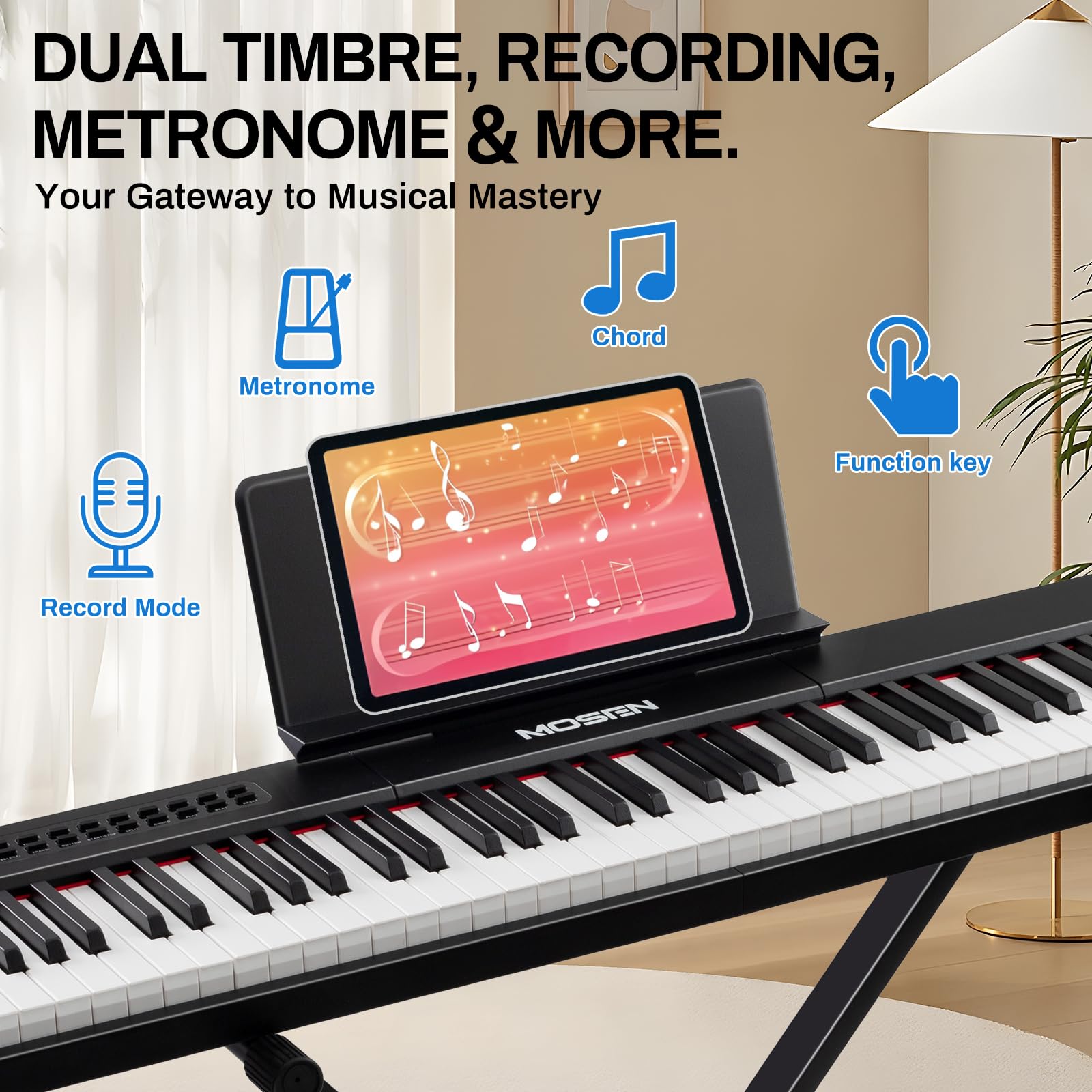 MOSEN 88-Key Digital Piano Keyboard with Semi-Weighted Keys - Professional Double Keyboard with LED Display, 380 Tones, 128 Rhythms & 88 Demo Songs - Includes Piano Lessons, Keyboard Stand & Sustain Pedal (MSP-45BK, Black) - Perfect for Home Practice, Music Education & Live Performances