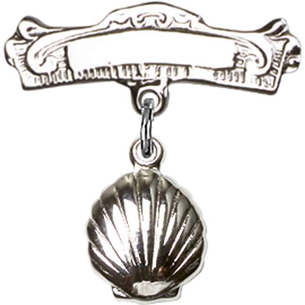 925 Sterling Silver Baby Badge with Natural Shell Charm & Arched Polished Pin - 7/8 x 7/8 Inch - Perfect for Christening Gifts, Baby Showers & Keepsake Jewelry