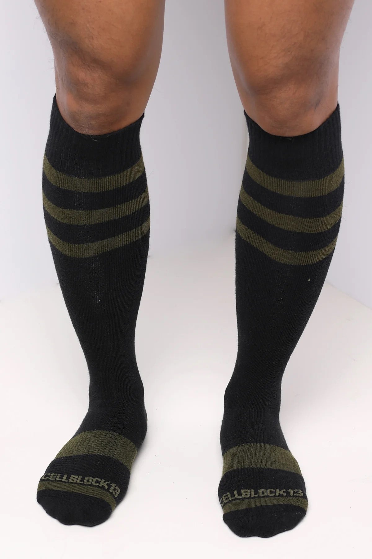 Cellblock 13 Linebacker Knee High Football Socks - Black & Army Green Compression Socks for Sports, Running & Workout - Perfect for Football Players & Athletes