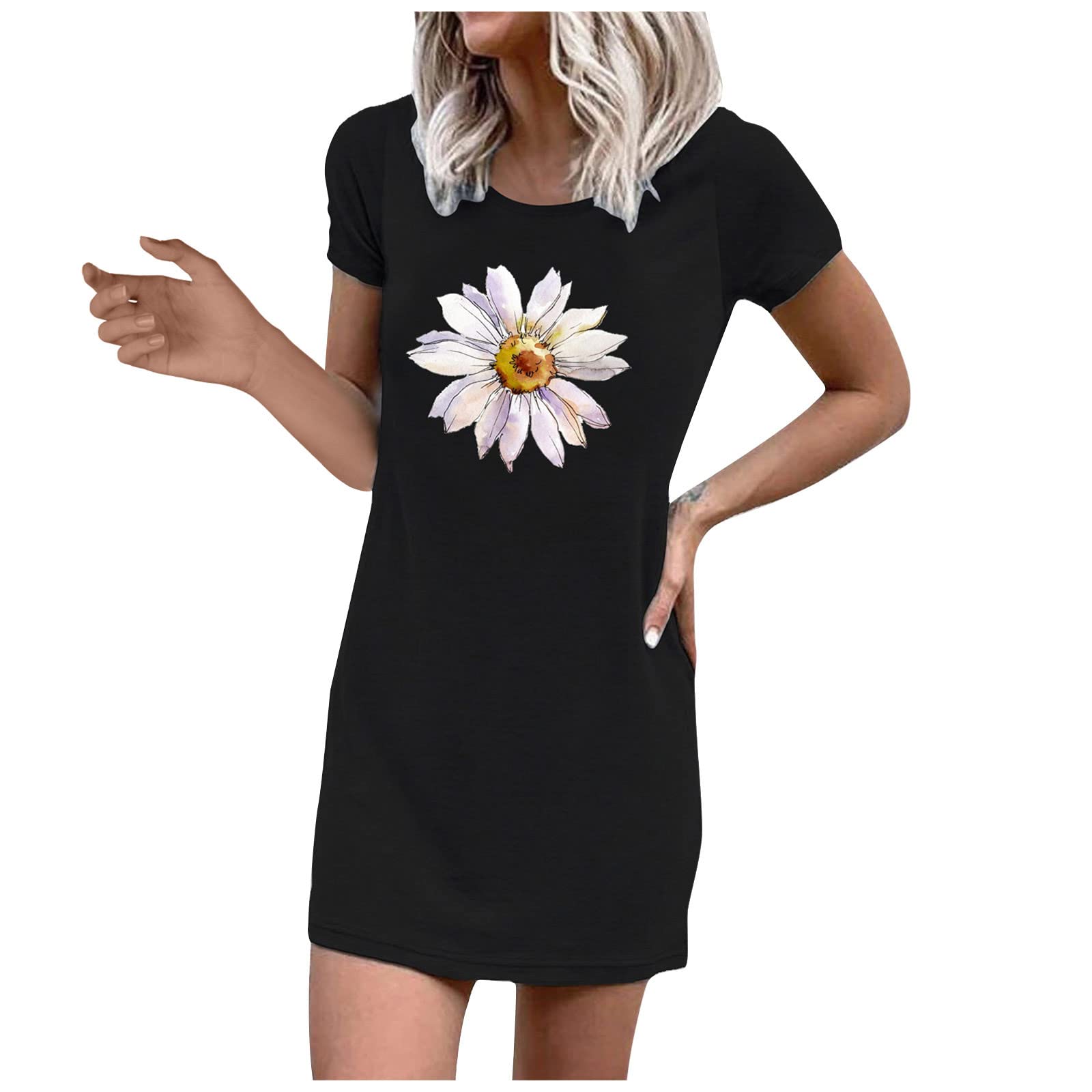 KDDYLITQ Women's Funny Graphic Short Sleeve Crewneck Mini Dress - Slim Flowy Tunic for Vacation, Camping & Casual Wear | Trendy Summer Outfit for Beach, Party & Daily Fashion