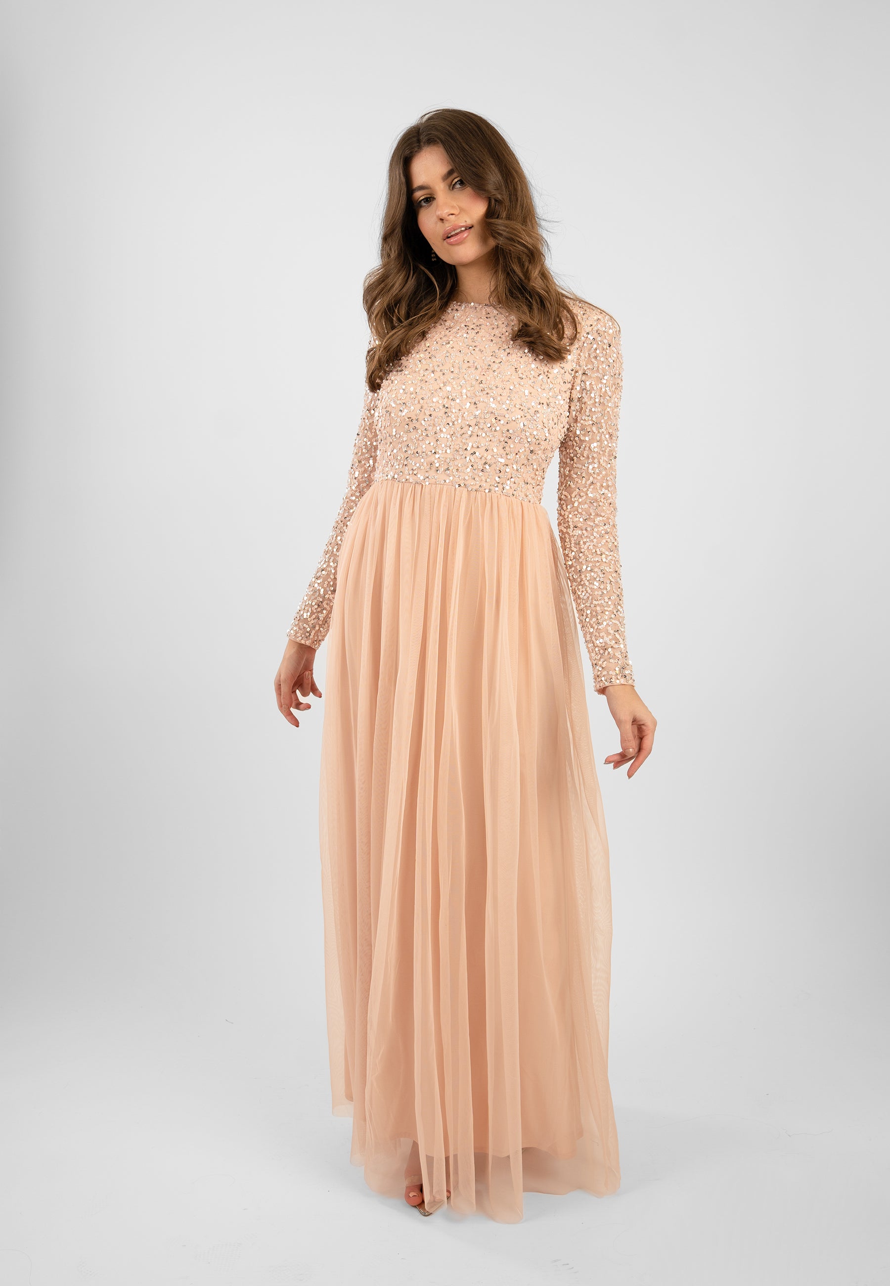 Elegant Belle Blush Pink Long Sleeve Bridesmaid Dress - Formal Wedding Party Gown for Bridesmaids, Evening Events & Special Occasions
