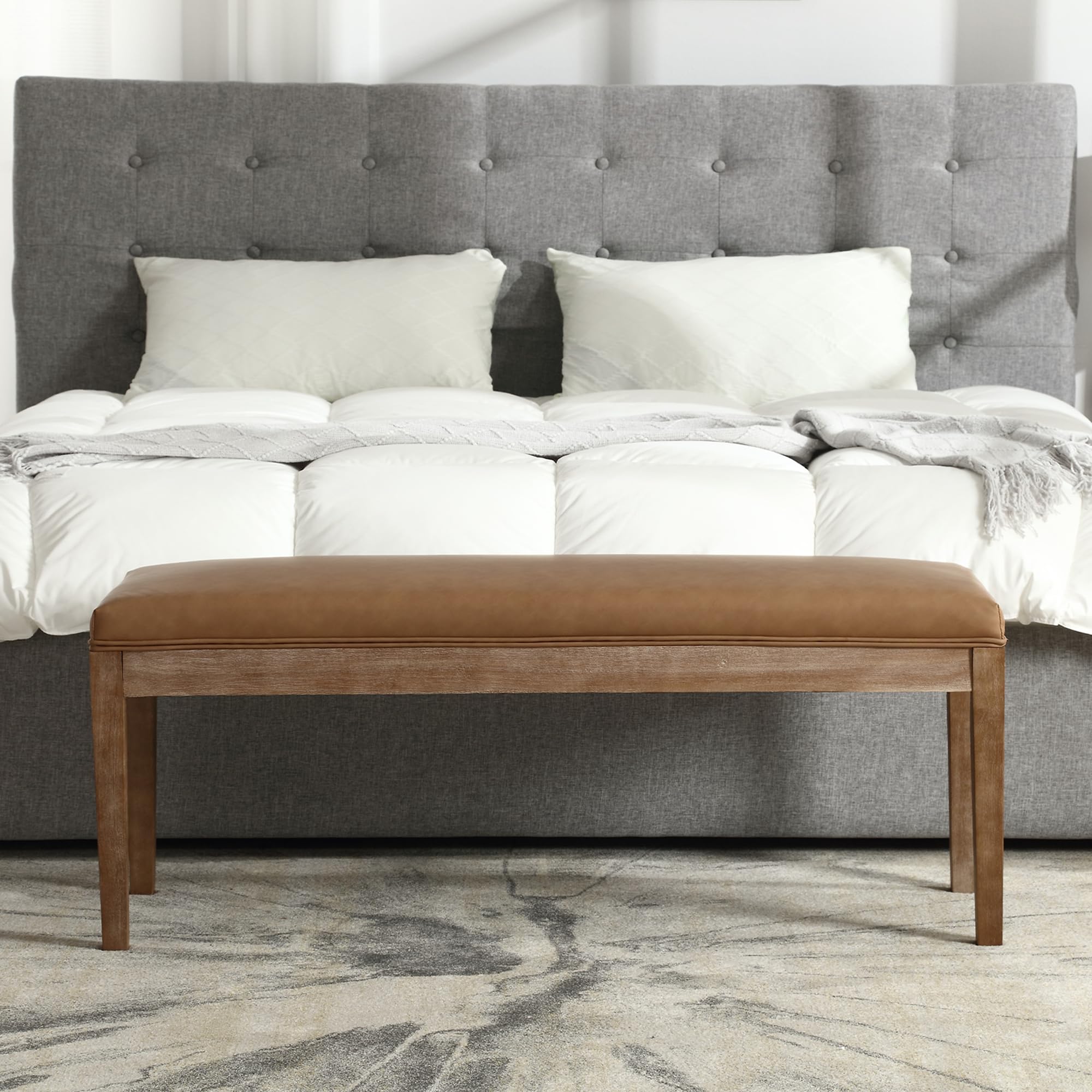 Farmhouse Upholstered Entryway Bench with Wood Legs - Brown PU Leather Shoe Storage Bench for Hallway, Porch, Bedroom, Dining Room | Perfect for Entryway Seating, Shoe Organization, and Extra Dining Seating