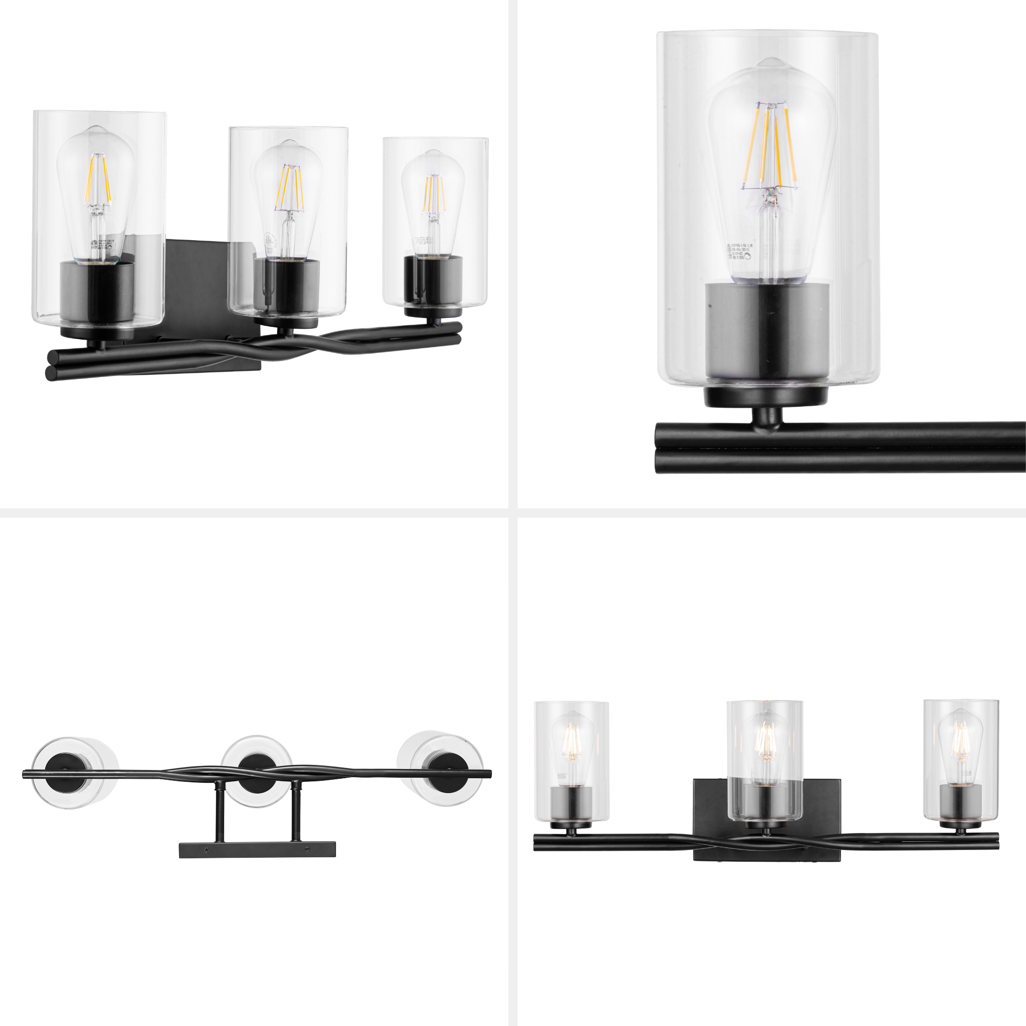 3-Light Matte Black Vanity Light Fixture with Clear Glass Shades - Perfect for Bathroom, Bedroom, or Dressing Room Makeup Mirror Lighting