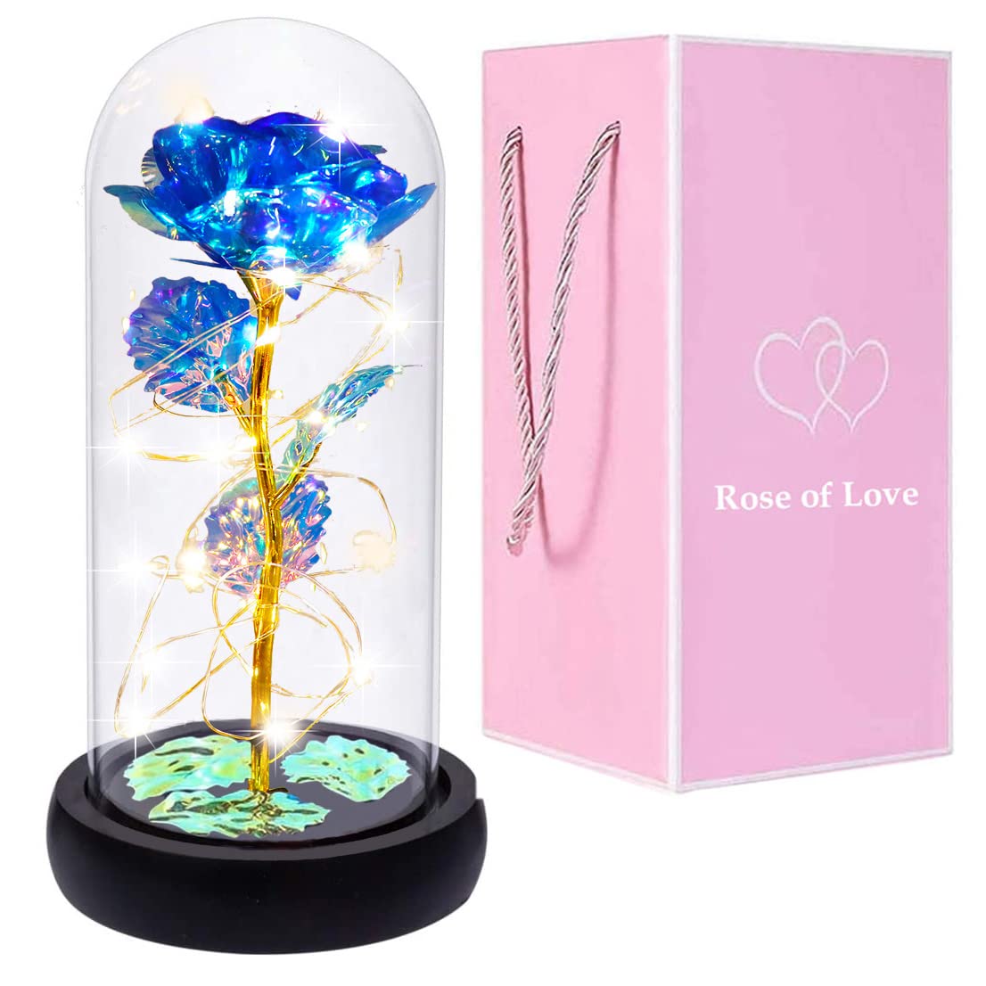 Blue Colorful Artificial Rose Flower in Glass Dome - Romantic Light Up Valentine's Day Gift for Women, Mom, Wife | Birthday, Anniversary Present Idea | Home Decor, Wedding Centerpiece, Bedroom Night Light