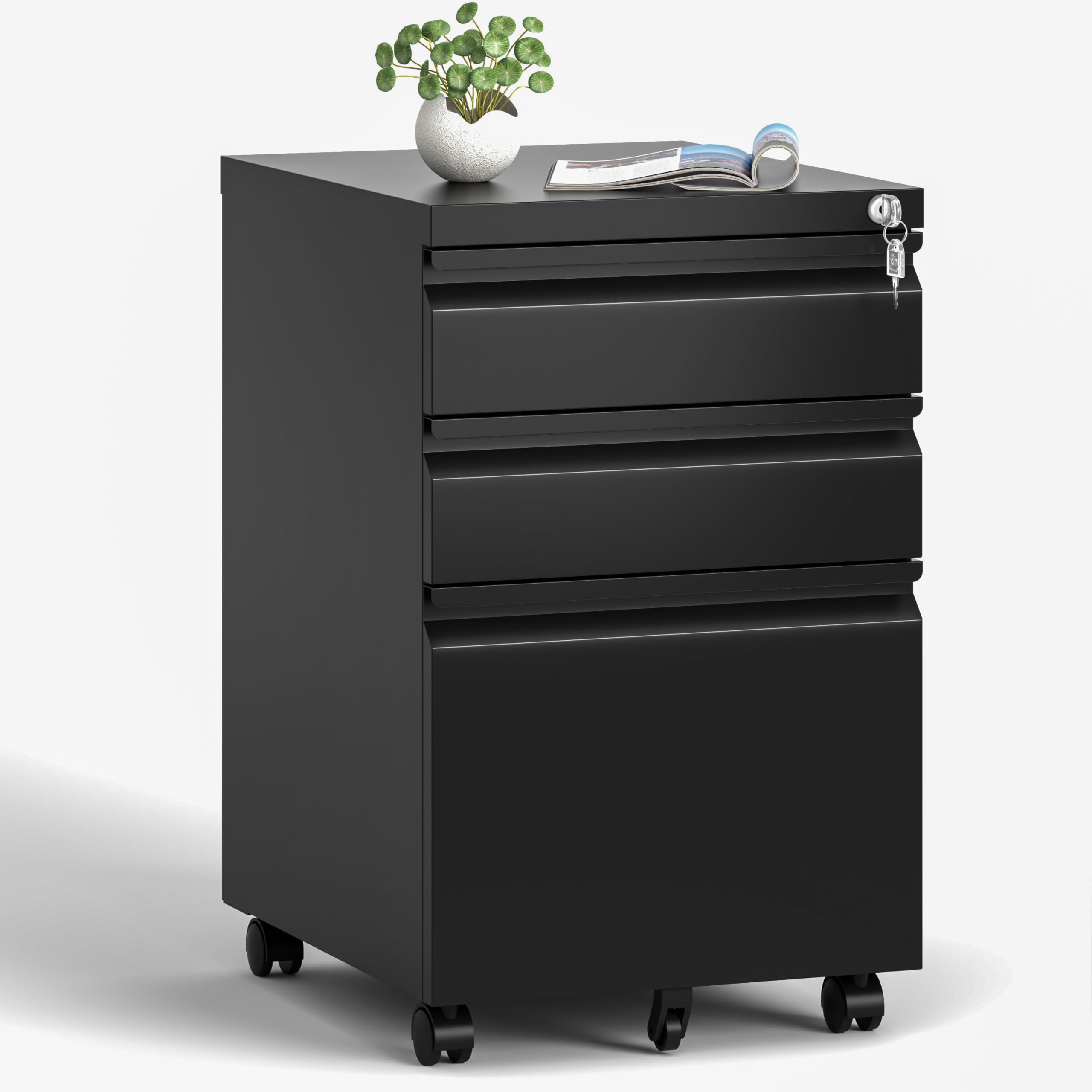 3-Drawer Rolling File Cabinet with Lock - Fully Assembled Metal Under Desk Organizer for Home & Office - Stores Letter, Legal & A4 Documents (Black) - Perfect for Small Spaces & Clutter-Free Workspaces