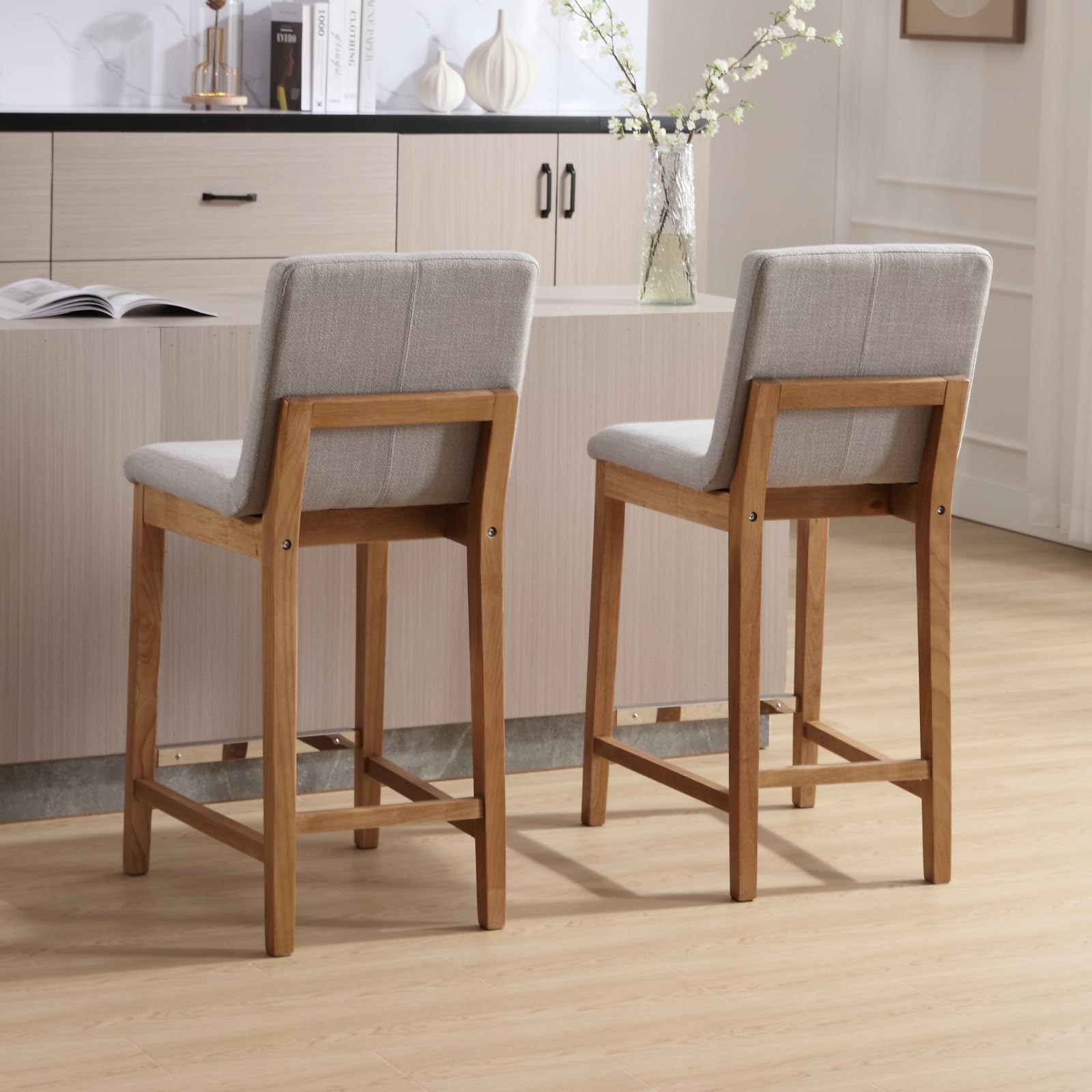 Set of 4 Mid-Century Modern Counter Stools - 26 Inch Height with Linen Upholstery & Wood Frame - Perfect for Kitchen Islands, Home Bars, and Patio Dining - Light Grey Fabric Seating