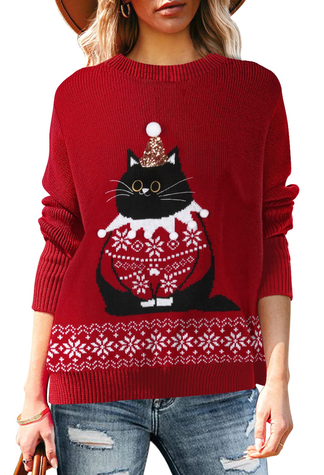 Pink Queen Women's Long Sleeve Knitted Pullover Ugly Christmas Sweater - Cozy Holiday Jumper for Xmas Parties & Family Gatherings