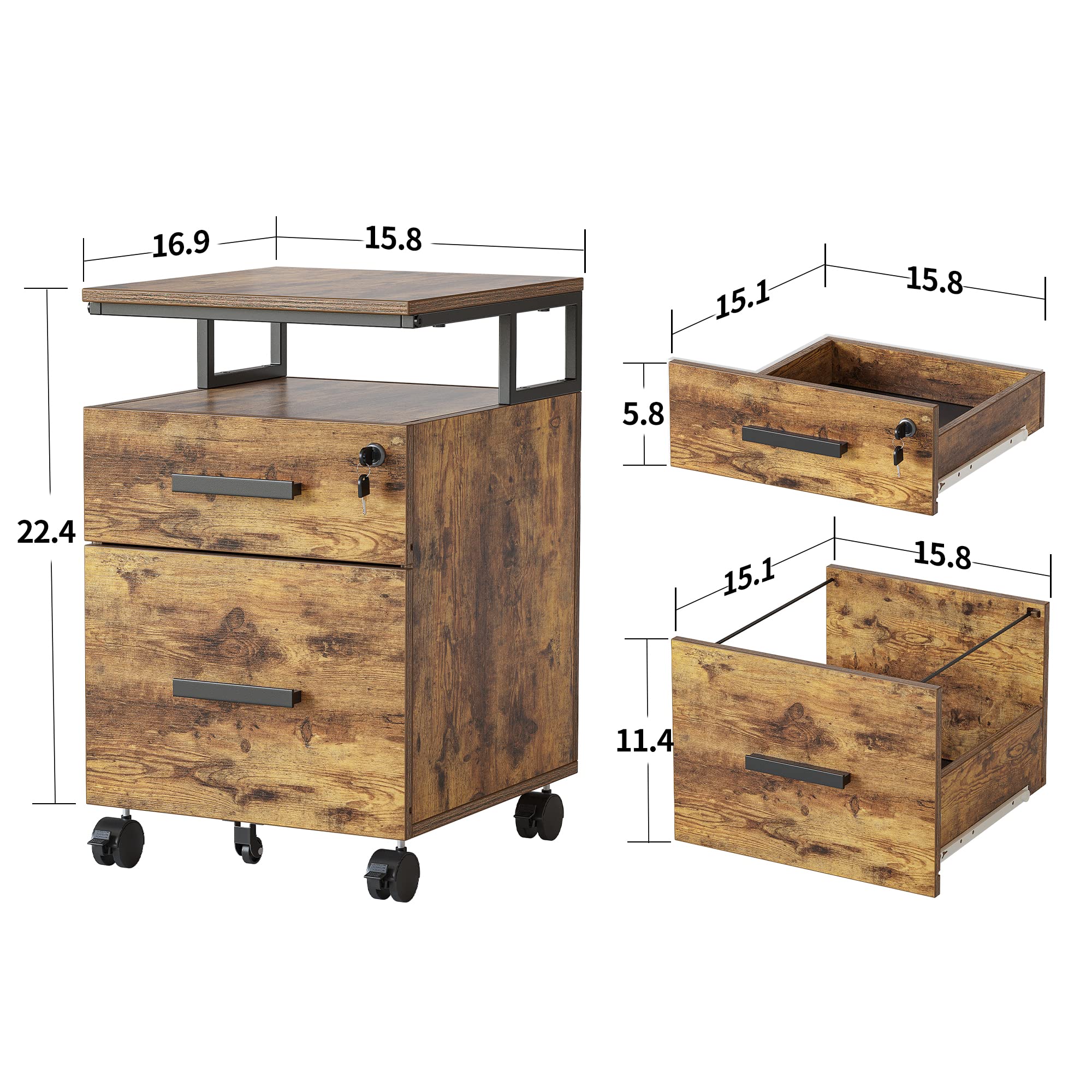 FEZIBO 2-Drawer Locking File Cabinet - Wooden Rolling Storage Cabinet for Home Office, Under Desk Organizer for A4 & Letter Size Documents, Printer Stand with Wheels, Rustic Brown - Perfect for Small Spaces & Workspace Organization