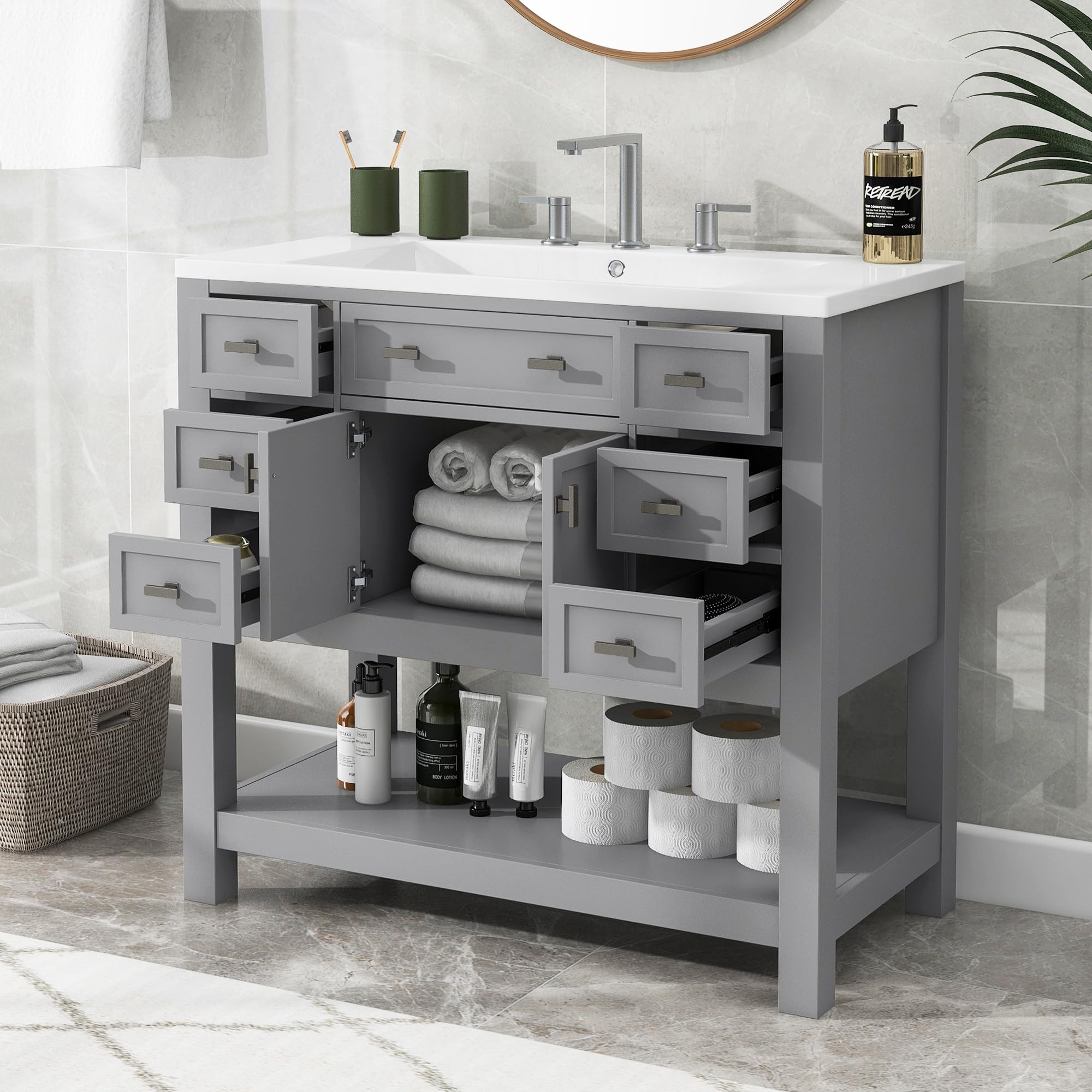 36 Inch Freestanding Bathroom Vanity with Sink - Soft Closing Doors & Drawers - Modern A1 Grey Finish - Perfect for Small Bathrooms & Powder Rooms
