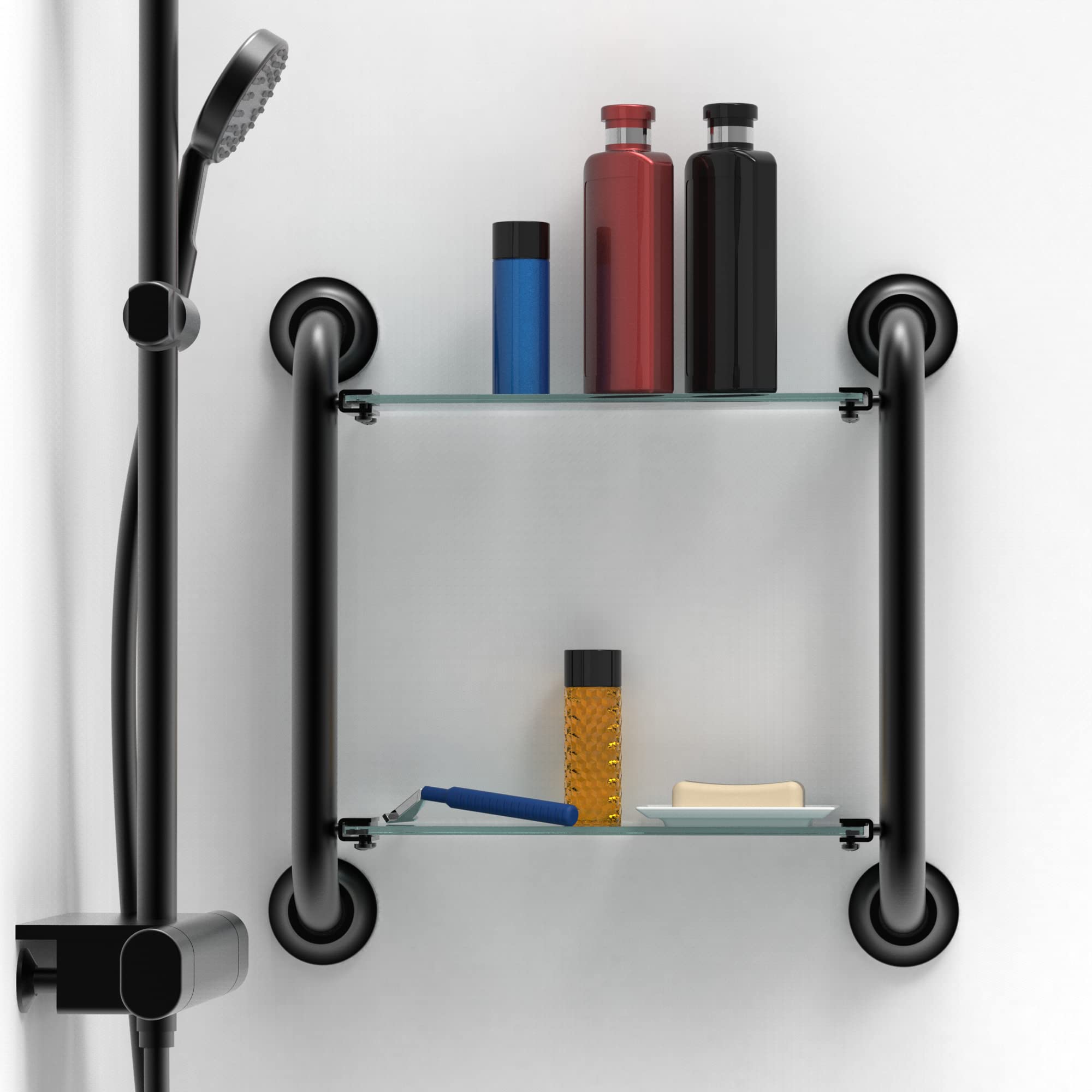 AmeriLuck Heavy Duty Safety Grab Bar with Tempered Glass Shelves (2-Tier) - 1000lbs Weight Capacity, Rustproof Stainless Steel, Matte Black - Perfect for Shower, Bathtub, and Elderly Bathroom Safety Support