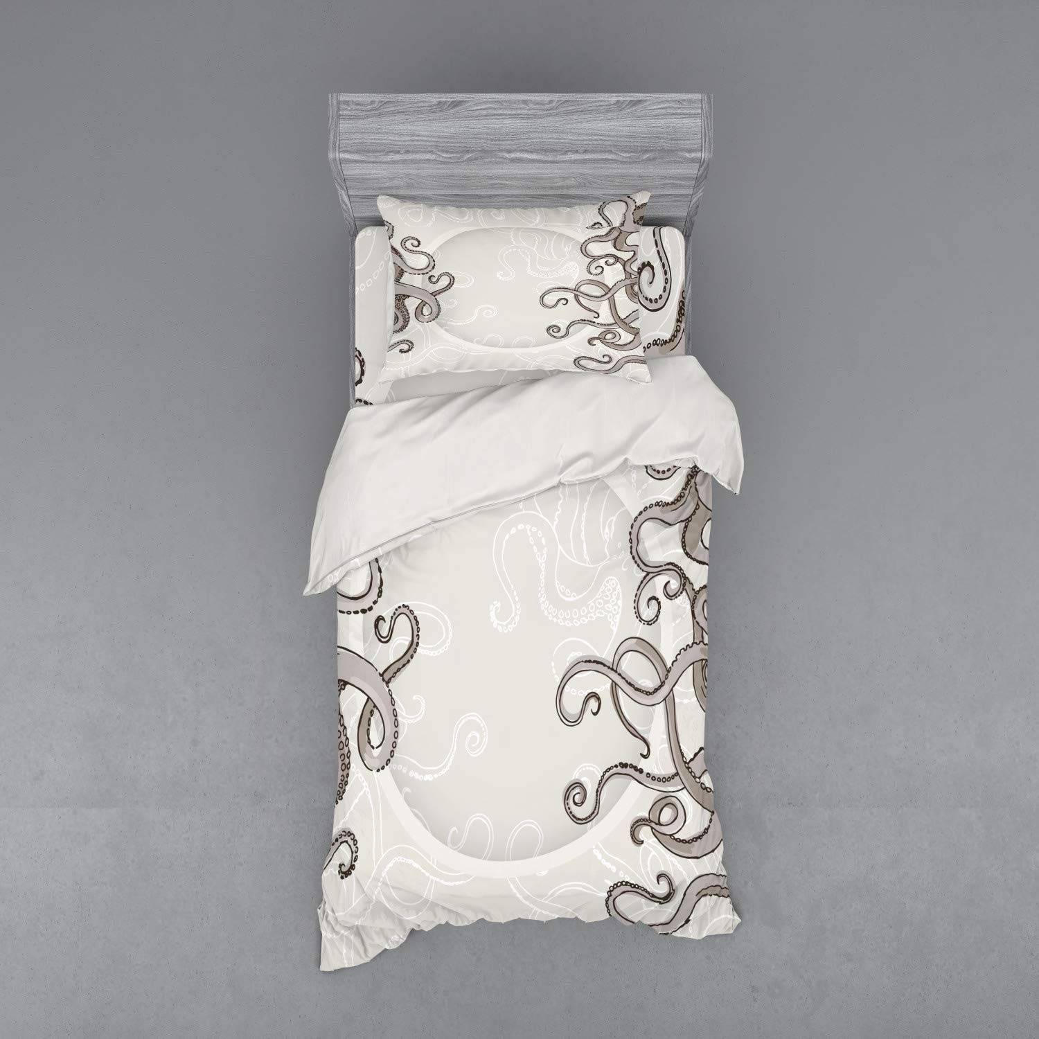 Ambesonne Kraken Duvet Cover Set - Twin XL Size, 3 Piece Bedding Set with Sham & Fitted Sheet, Surreal Octopus Tentacle Design in Dust Taupe | Perfect for Nautical & Fantasy Themed Bedrooms, Kids Rooms or Unique Home Decor