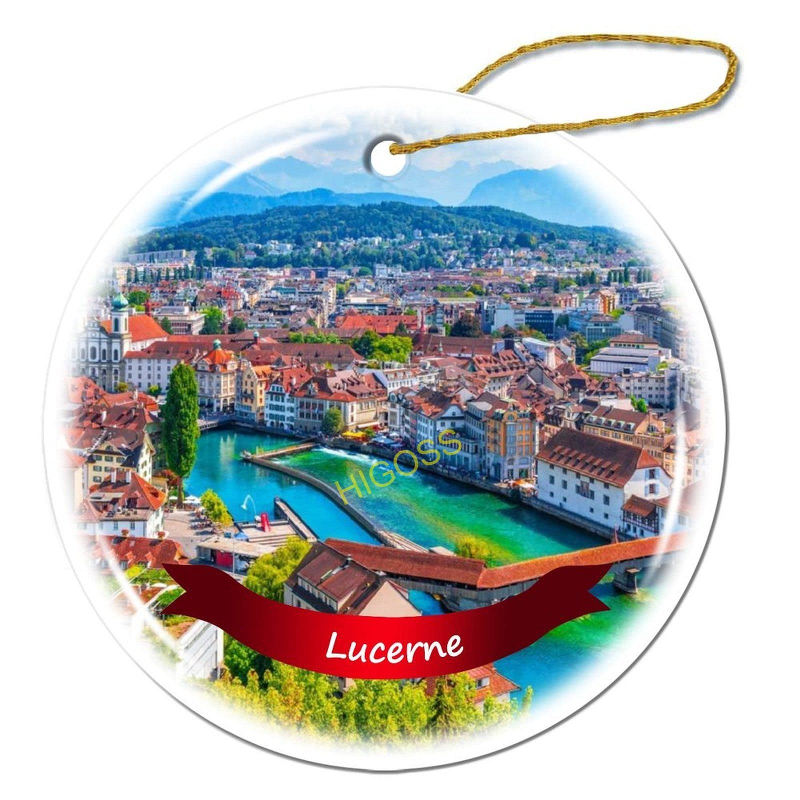 Lucerne Switzerland Christmas Tree Ornament - 3 Inch Double-Sided Porcelain Ceramic Holiday Decoration for Xmas Tree, Home, Office & Gift Giving