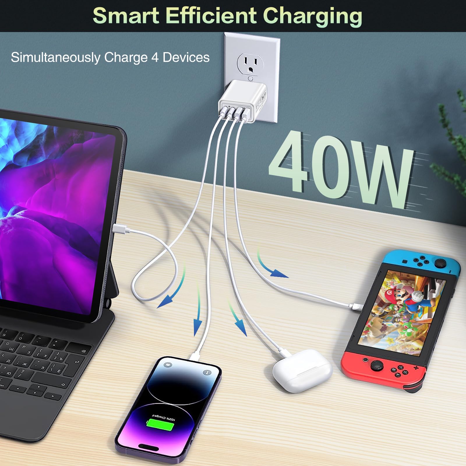 40W 4-Port USB C Fast Charger Block with PD & QC - Dual Port Wall Charger Adapter for iPhone 16/15/14/13/12/11 Pro Max/XS/XR/8/7 & Samsung Galaxy - Perfect for Travel, Office & Home Charging Multiple Devices Simultaneously