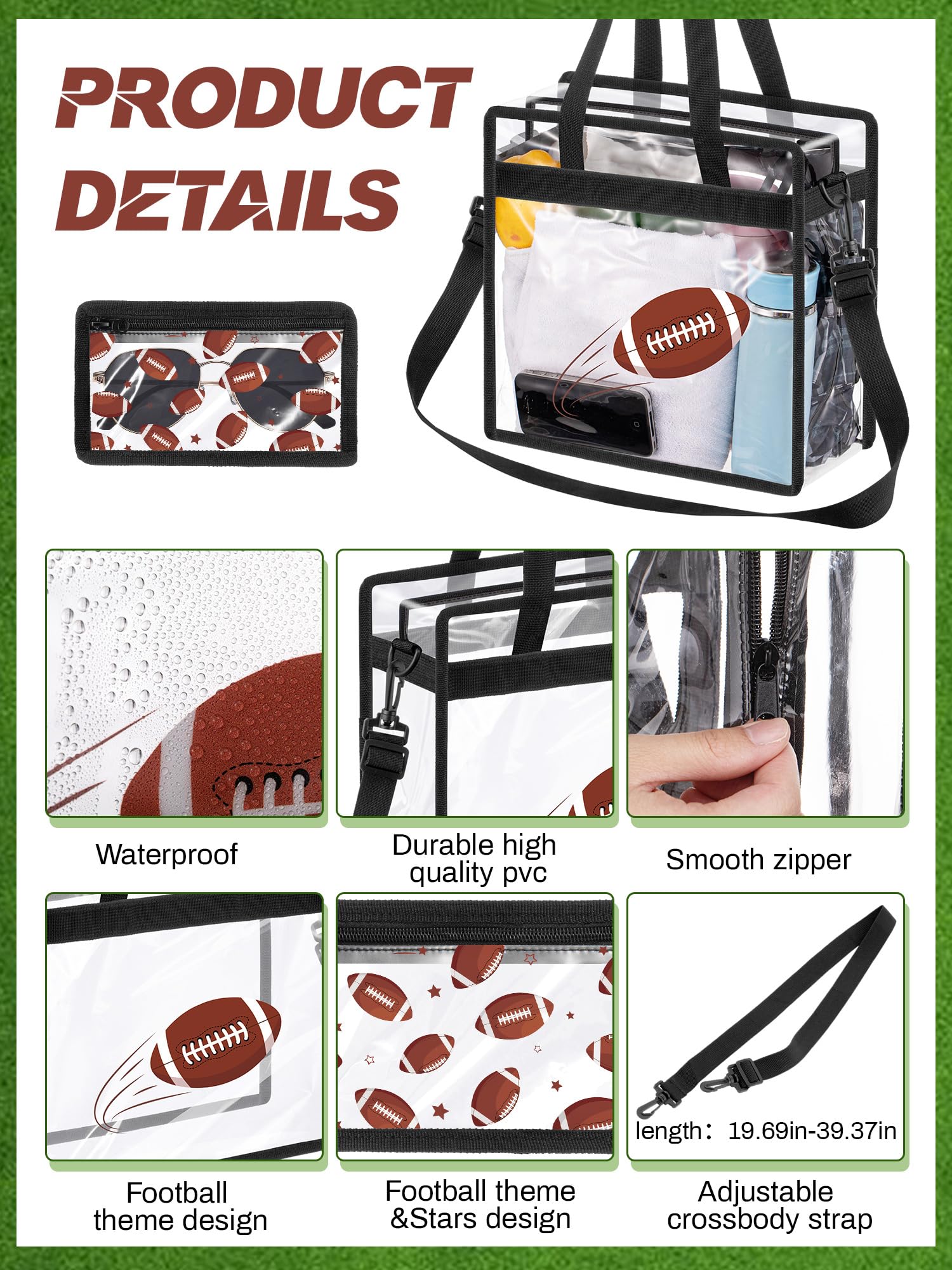 Stadium Approved Clear Football Tote Bag 12x12x6 Inches - Transparent Sports Purse for Women, Moms & Cheerleaders - Perfect for Game Day, Concerts & Events (Great Gift for Football Fans & Sports Lovers)