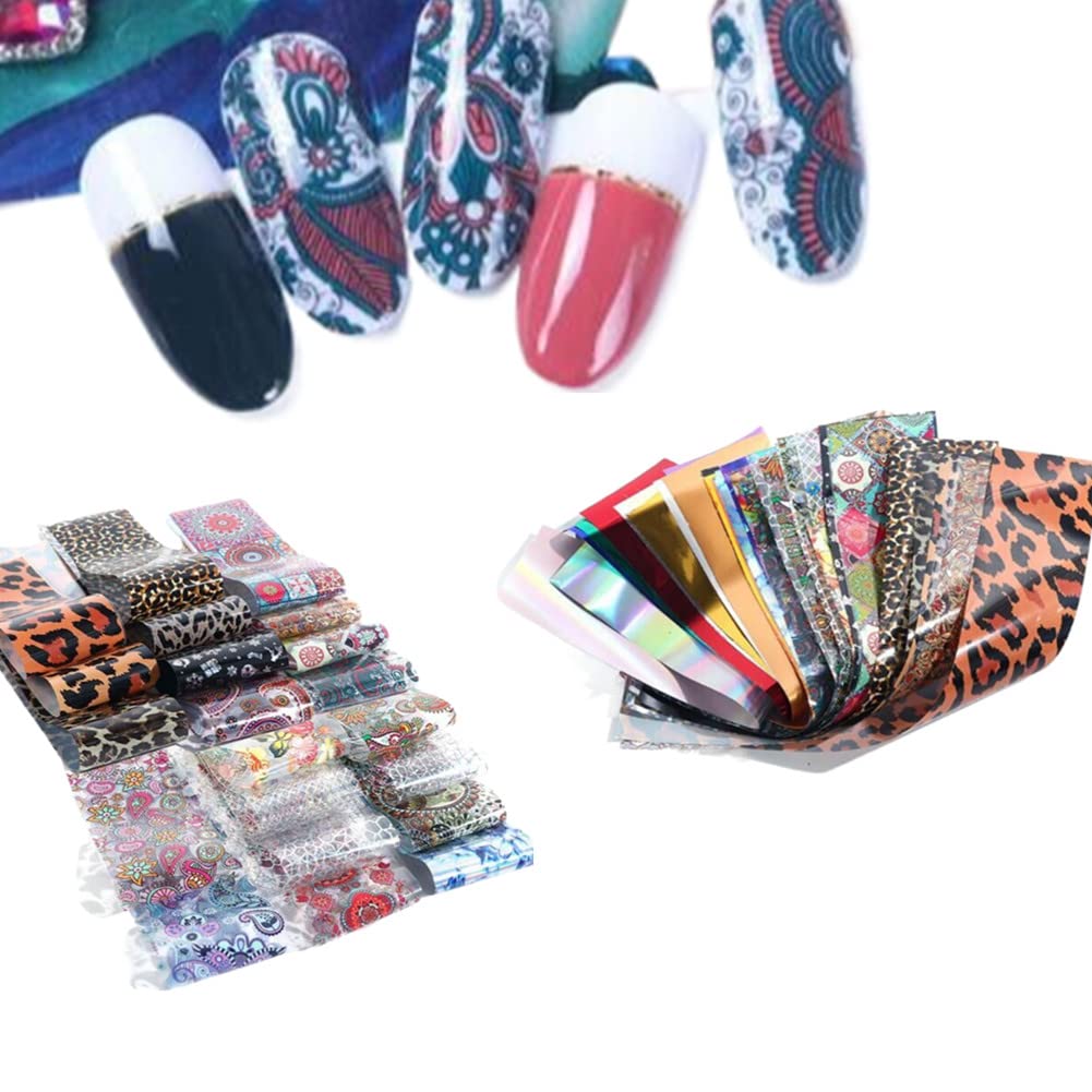 50 Sheets Nail Art Foil Transfer Stickers - Laser Flower & Leopard Print Holographic Nail Decals for DIY Manicure | Starry Sky & Metallic Designs | Perfect for Home Salon, Parties & Gift Giving