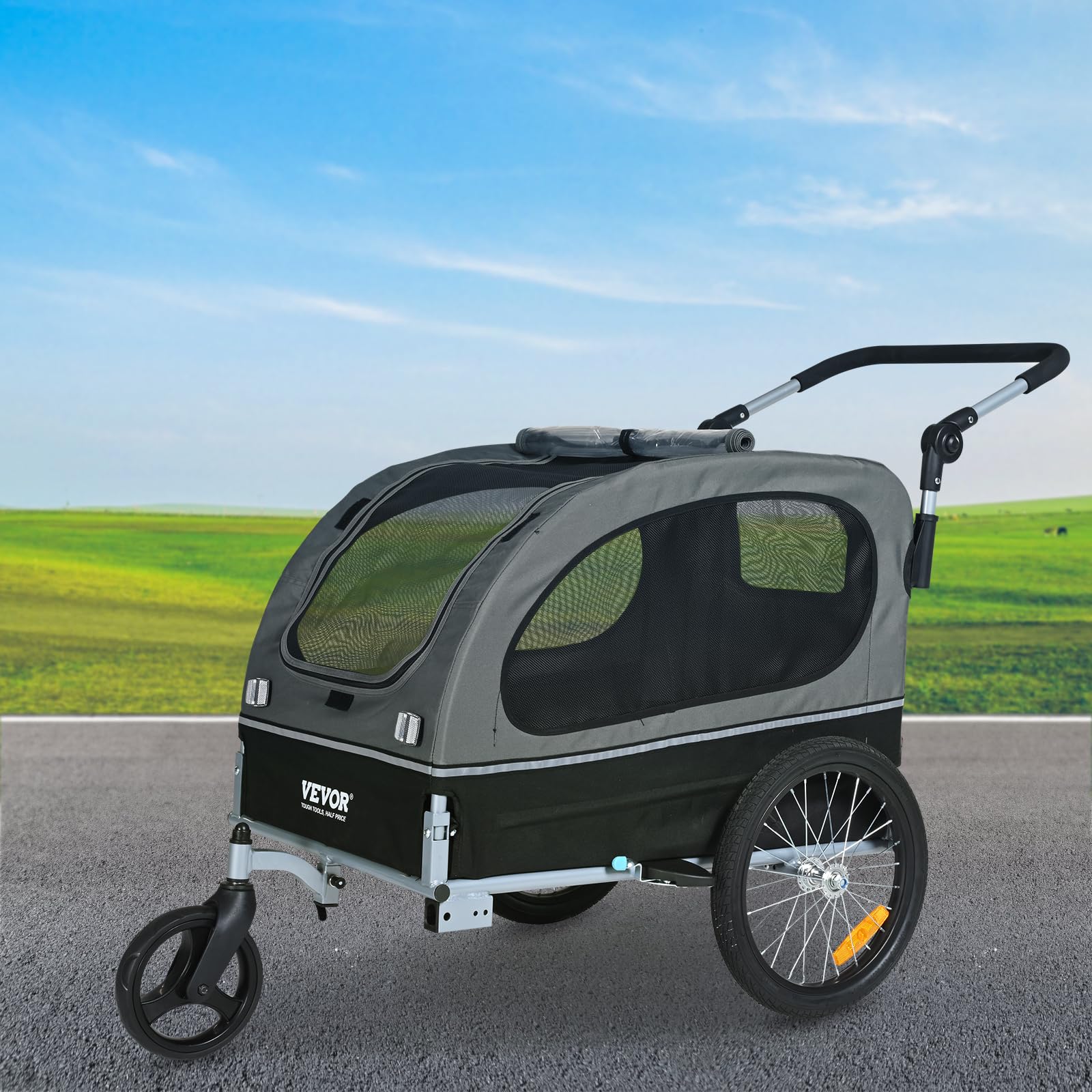 VEVOR 2-in-1 Dog Bike Trailer & Pet Stroller - Heavy Duty 88 lbs Capacity Bicycle Carrier for Large Dogs - Foldable Frame with Quick Release Wheels, Universal Coupler, Safety Reflectors & Flag (Black/Gray) - Perfect for Cycling Adventures, Park Visits & Outdoor Activities with Your Pet