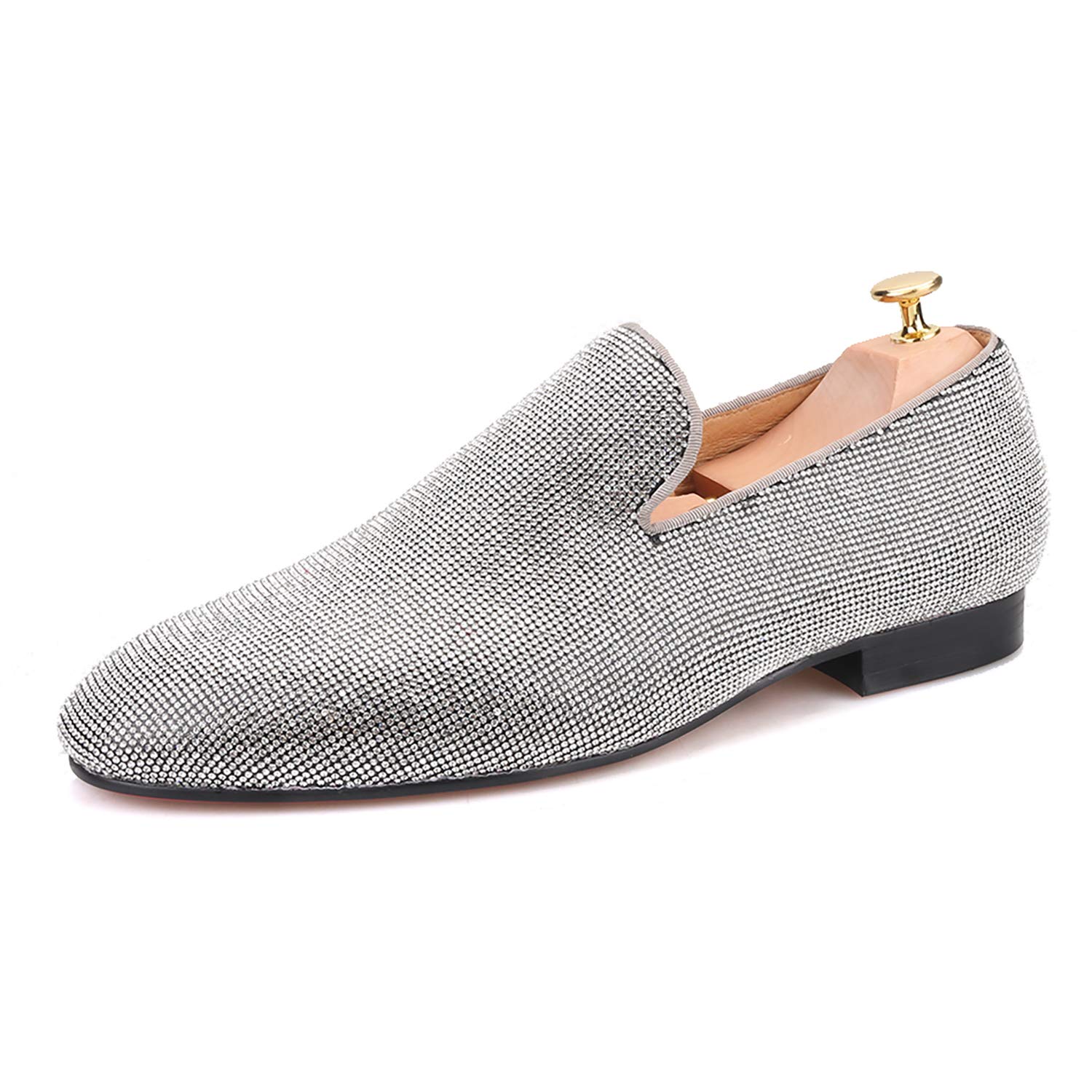 HI&HANN Silver Diamond Men's Dress Loafers - Formal Wedding Shoes & Party Shoes for Men - Comfortable Smoking Slippers & Business Flats - Perfect for Weddings, Proms, and Black Tie Events