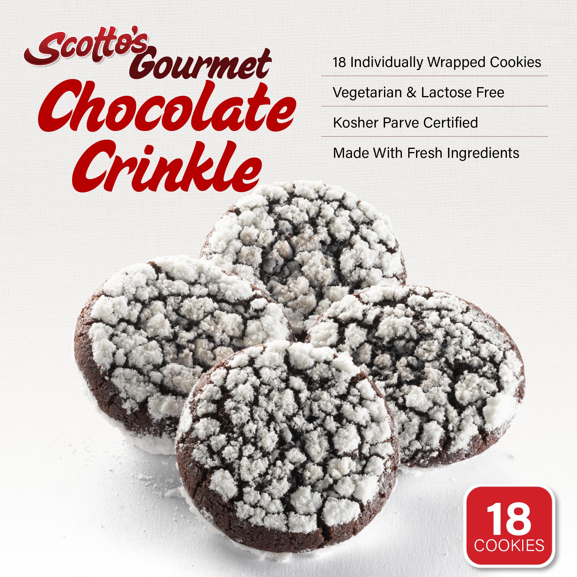 Gourmet Chocolate Crinkle Cookies Individually Wrapped - Pack of 18 Fresh Baked Fudge Cookies for Birthday Gifts, Thank You, Care Packages & Holiday Christmas Gift Baskets - Perfect for Office Treats, Party Favors & Family Gatherings - Bulk Food by Scottos Bakery