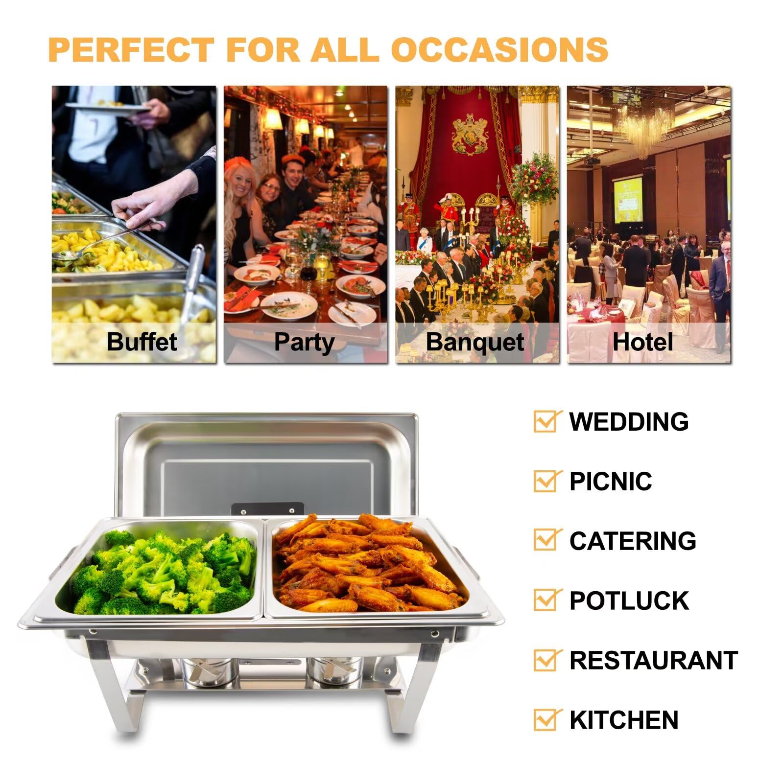 2 Pack 8QT Stainless Steel Rectangular Chafing Dish Buffet Set - Includes Full & Half Food Pans, Fuel Holder & Foldable Frame - Perfect for Catering, Weddings, Parties, Banquets & Buffet Events - Keep Food Warm for Hours