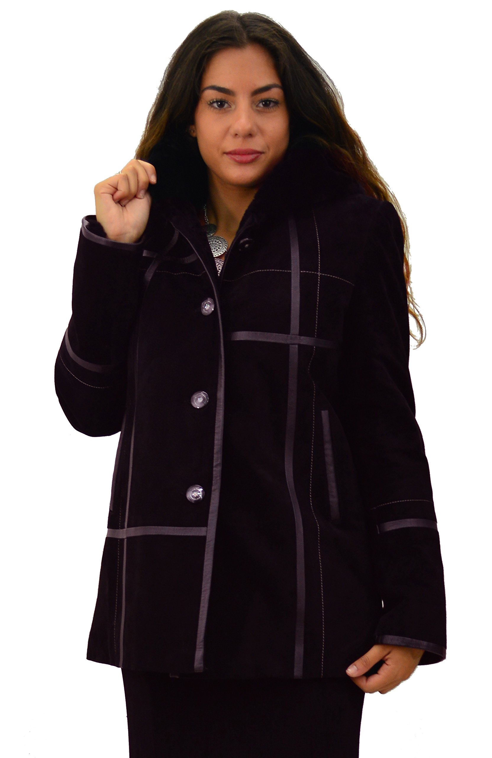 PRODI Women's Winter Hooded Leather Coat with Shearling Lining - Warm Faux Fur Jacket for Cold Weather, Outdoor Activities & Fashion Style