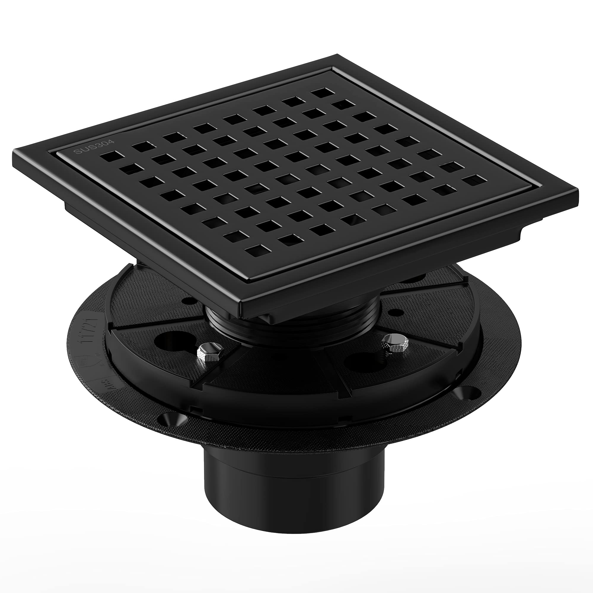 ZEKOO 6 Inch Black Shower Drain with Flange - CUPC Certified Matte Black Square Floor Drain - 304 Stainless Steel Removable Grate - Perfect for Bathroom & Shower Renovation