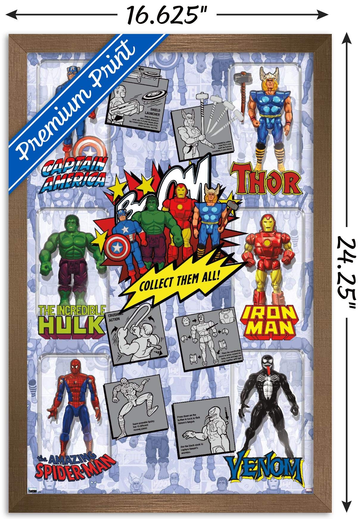 Marvel Comics Action Figures Wall Poster - Bronze Framed 14.725x22.375 Inch | Superhero Decor for Bedroom, Game Room & Office | Official Licensed Collectible