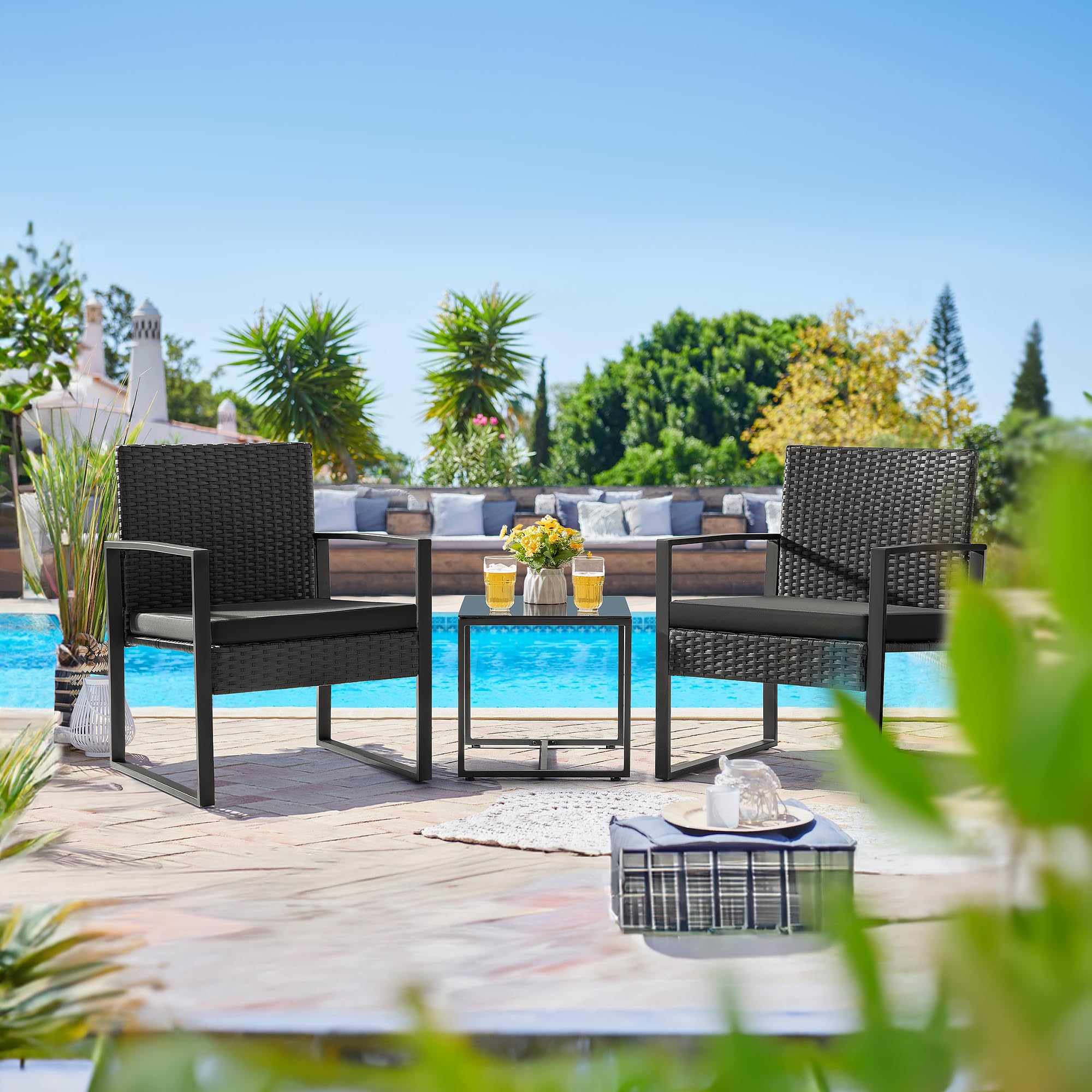 Flamaker 3-Piece Outdoor Patio Furniture Set - Modern Wicker Rattan Chairs with Coffee Table - Black Bistro & Garden Conversation Set for Backyard, Poolside & Balcony Relaxation