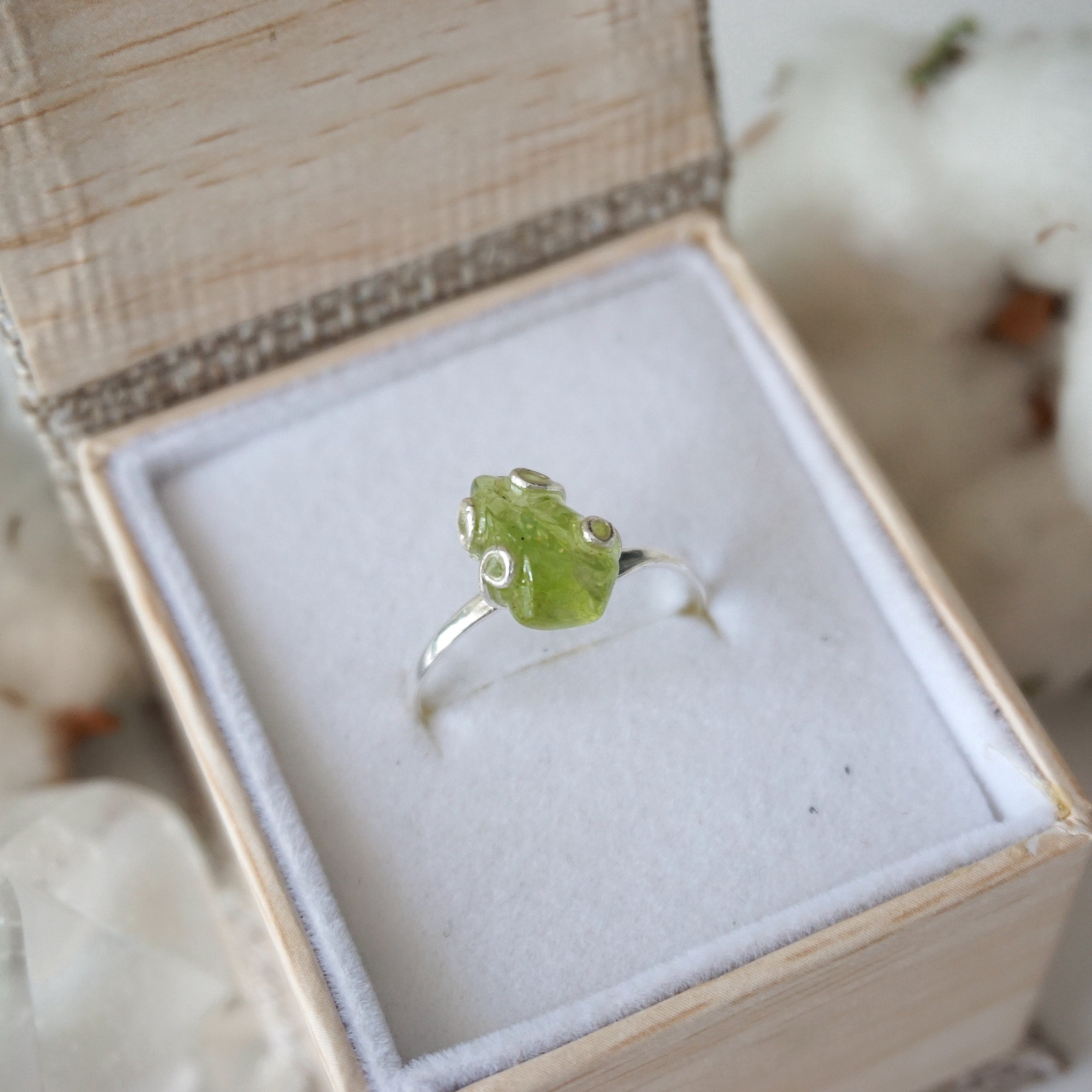 Raw Green Peridot Crystal Adjustable Ring in Sterling Silver - Perfect for Boho Jewelry, Healing Crystal Gifts & Everyday Wear