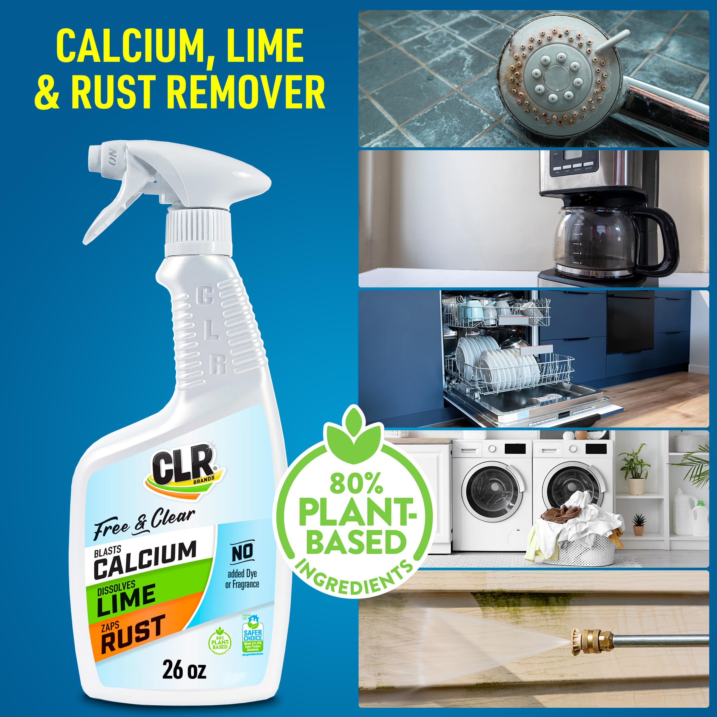 CLR Brands® Calcium Lime Rust Remover - No Dyes or Fragrances, Bathroom & Kitchen Descaler - Removes Hard Water Stains, Rust Deposits - 26 Oz (Pack of 1) - Perfect for Shower Heads, Faucets, Tiles & Appliances