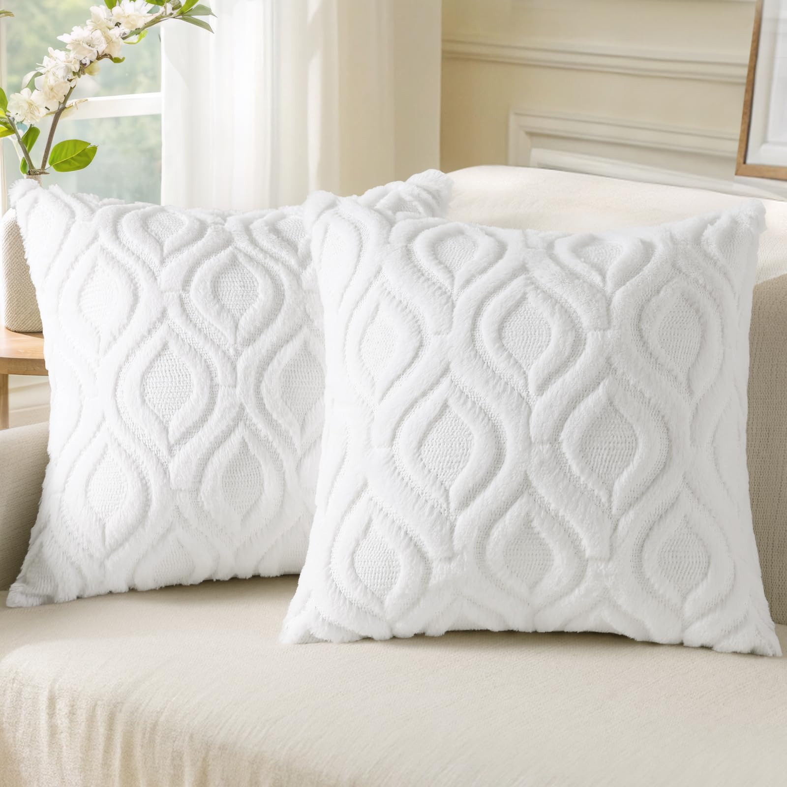 Soft Plush Faux Wool Throw Pillow Covers 20x20 Inch Set of 2 - White Couch Pillow Covers for Living Room, Sofa & Bed - Spring Solid Dyed Accent Pillow Cases - Home Decor & Cozy Interior Design Accessories